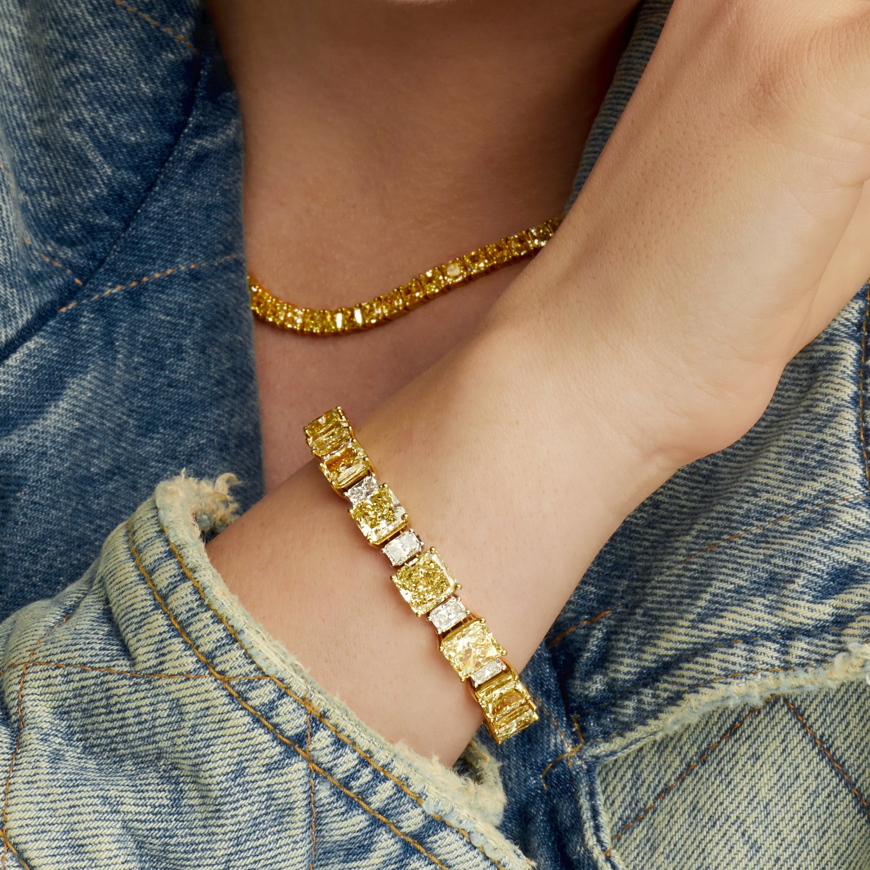 Radiant Cut Alternating Fancy Yellow and White Tennis Diamond Bracelet in 18 Karat Yellow Gold and White Gold