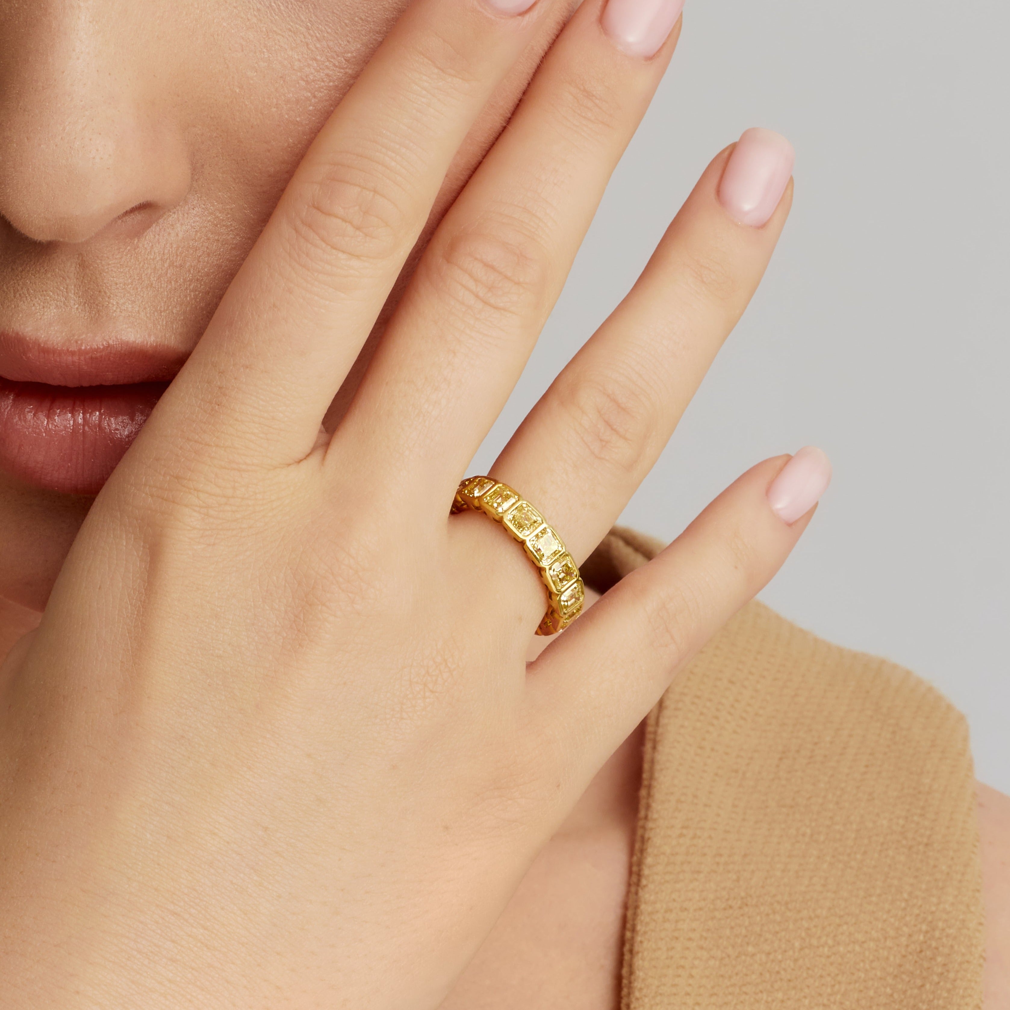 Asscher Cut Bezel Set Yellow Diamond Eternity Band in 18 Karat Yellow Gold