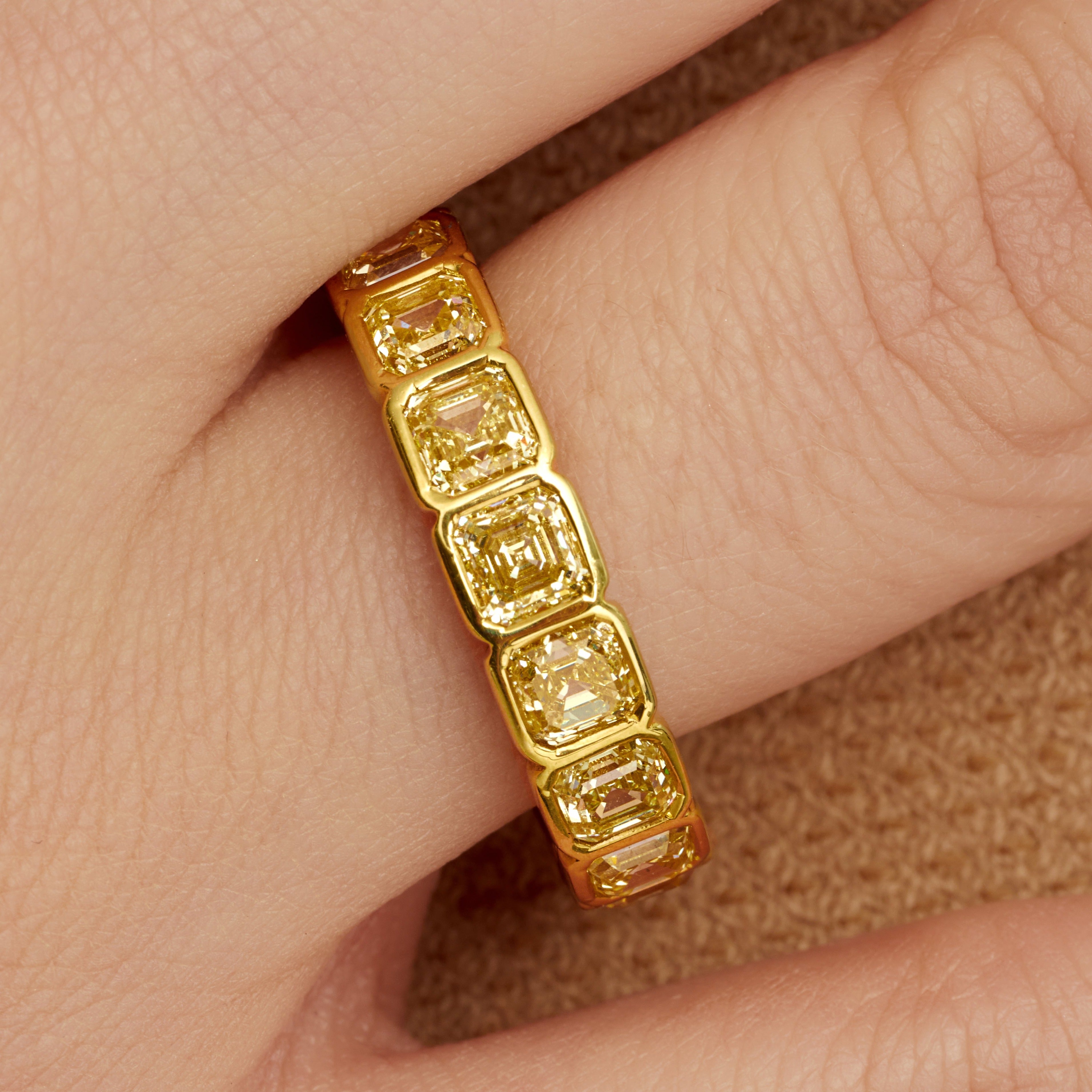 Asscher Cut Bezel Set Yellow Diamond Eternity Band in 18 Karat Yellow Gold