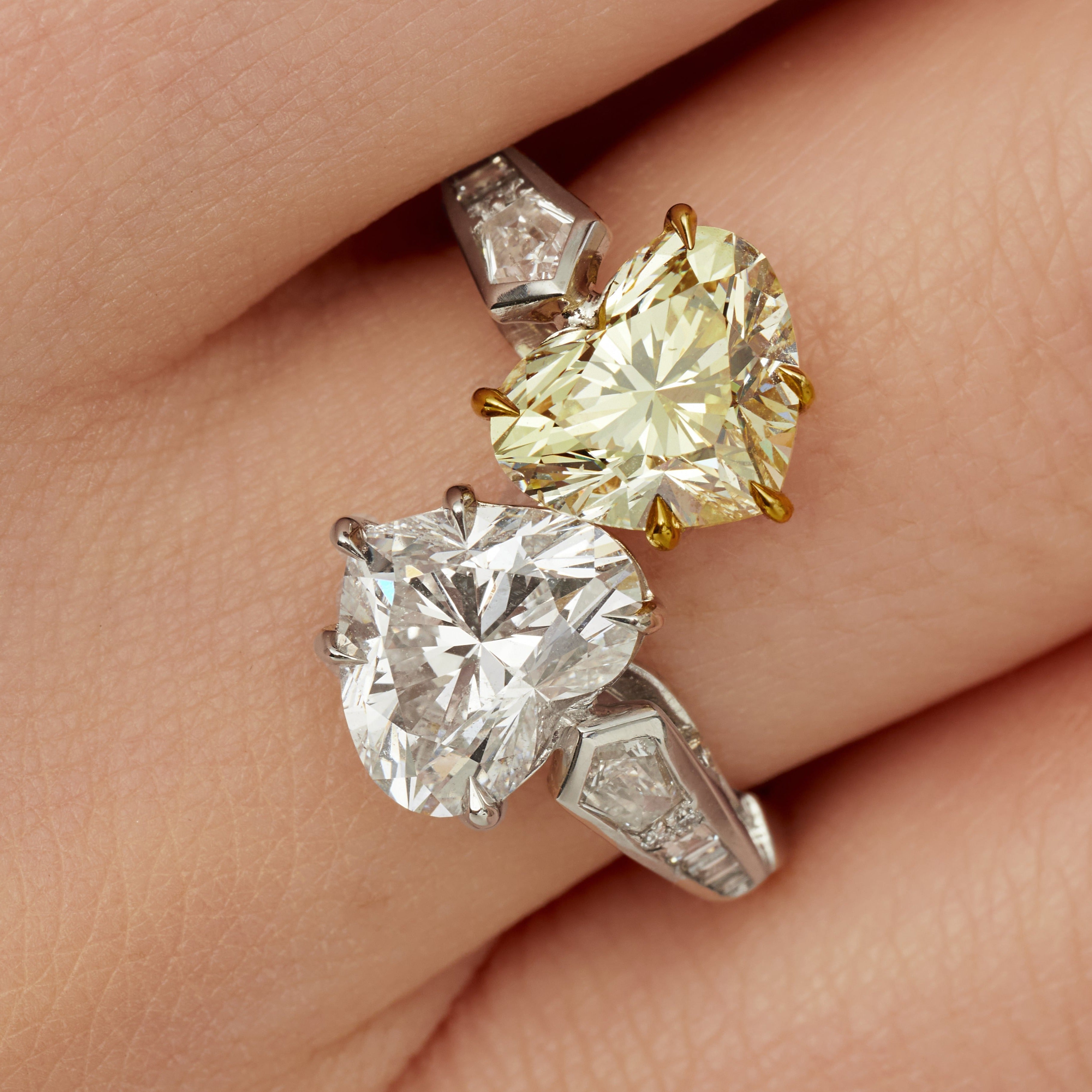 Heart Cut Fancy Light Yellow Diamond and White Diamond Bypass Ring in 18 Karat Yellow Gold and Platinum