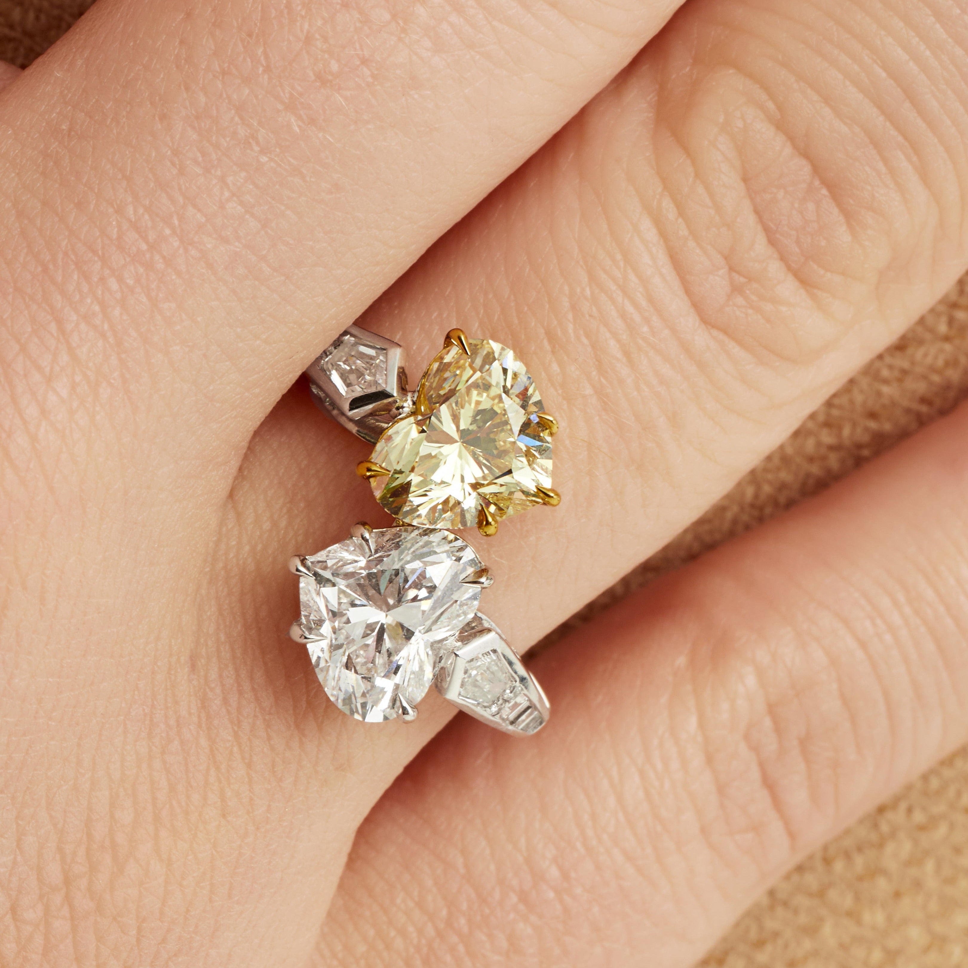 Heart Cut Fancy Light Yellow Diamond and White Diamond Bypass Ring in 18 Karat Yellow Gold and Platinum