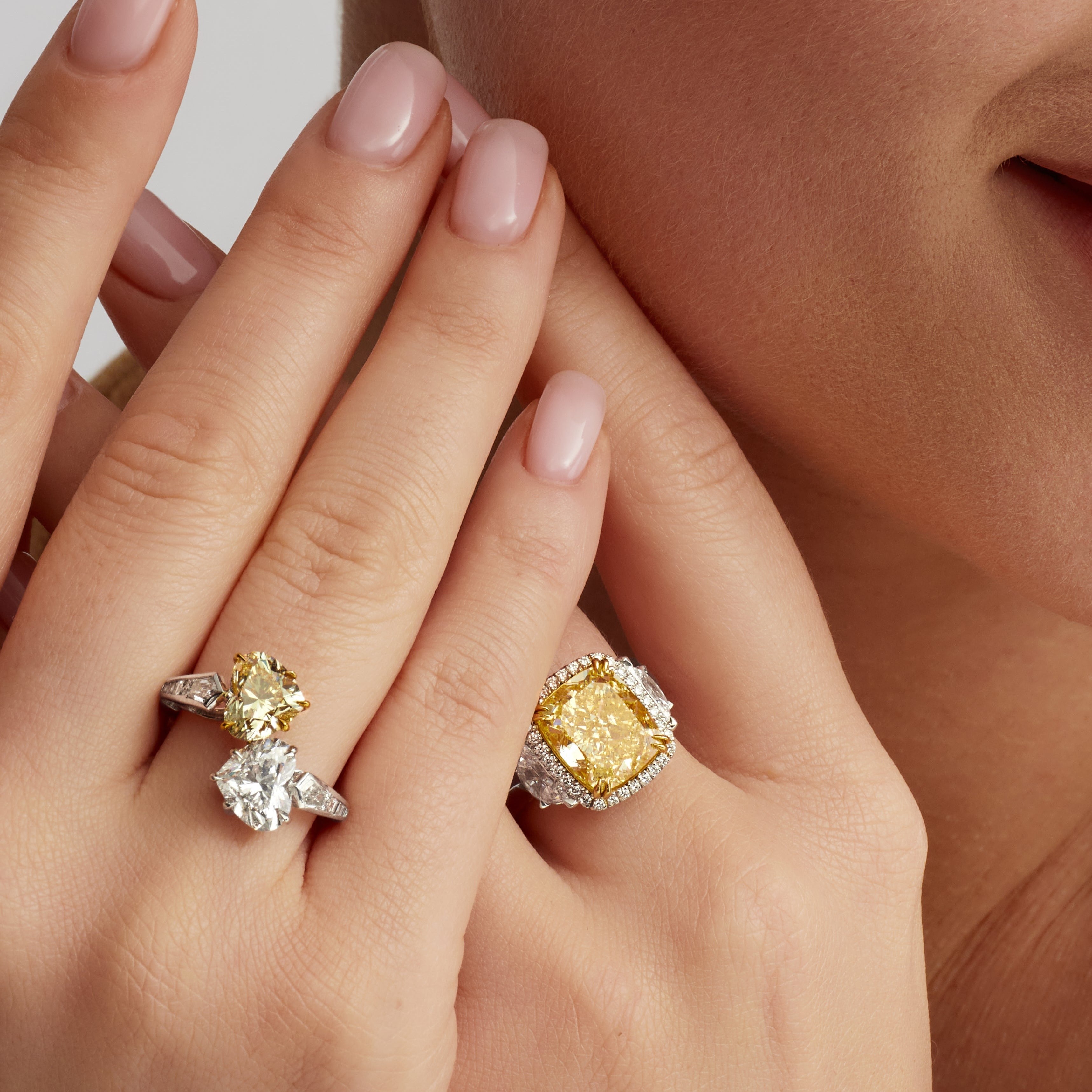 Cushion Cut Fancy Intense Yellow Diamond and Pavé Diamond Ring in 18 Karat Yellow Gold and Platinum