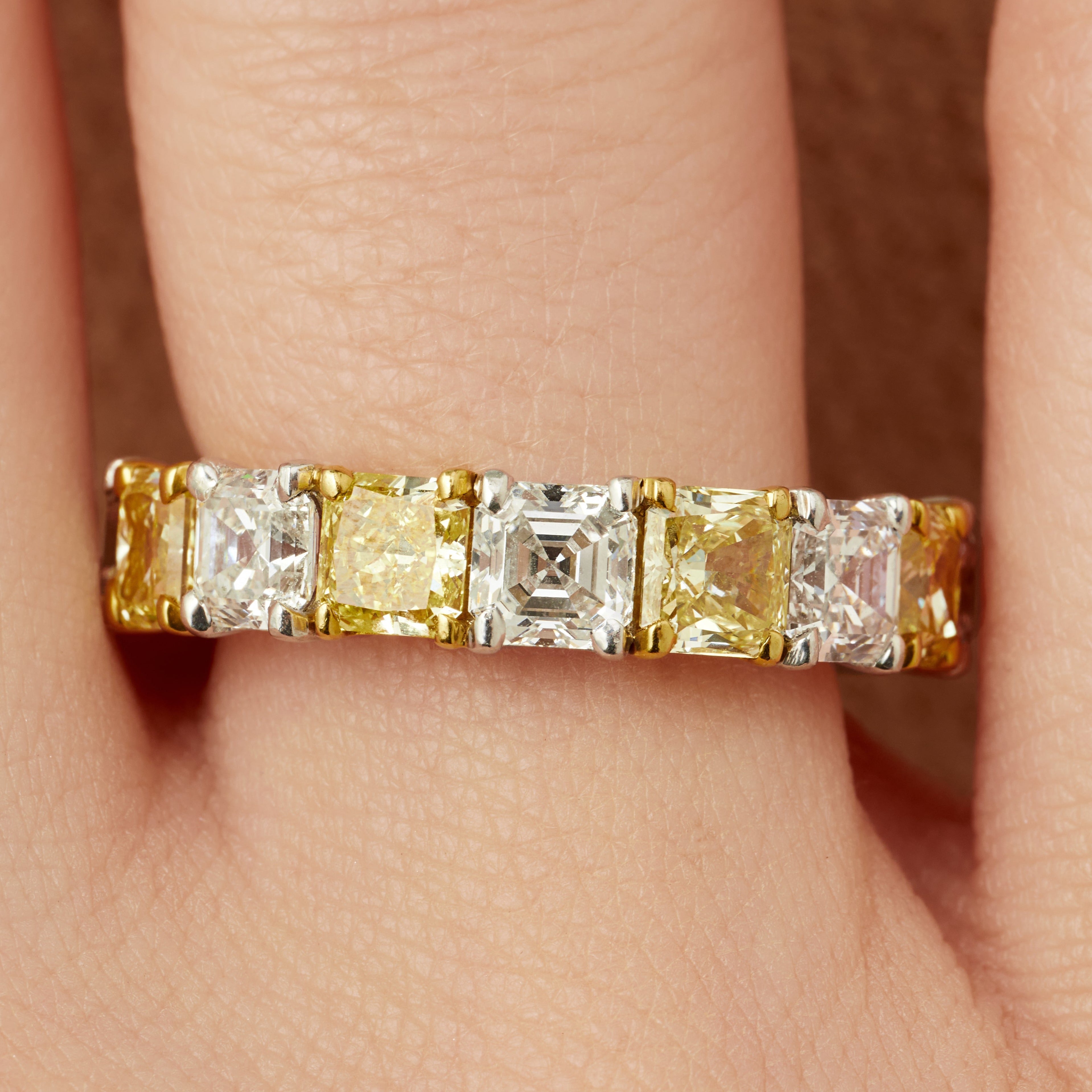 Radiant Cut Yellow Diamond and Asscher Cut White Diamond Eternity Band in 18 Karat Yellow Gold and Platinum