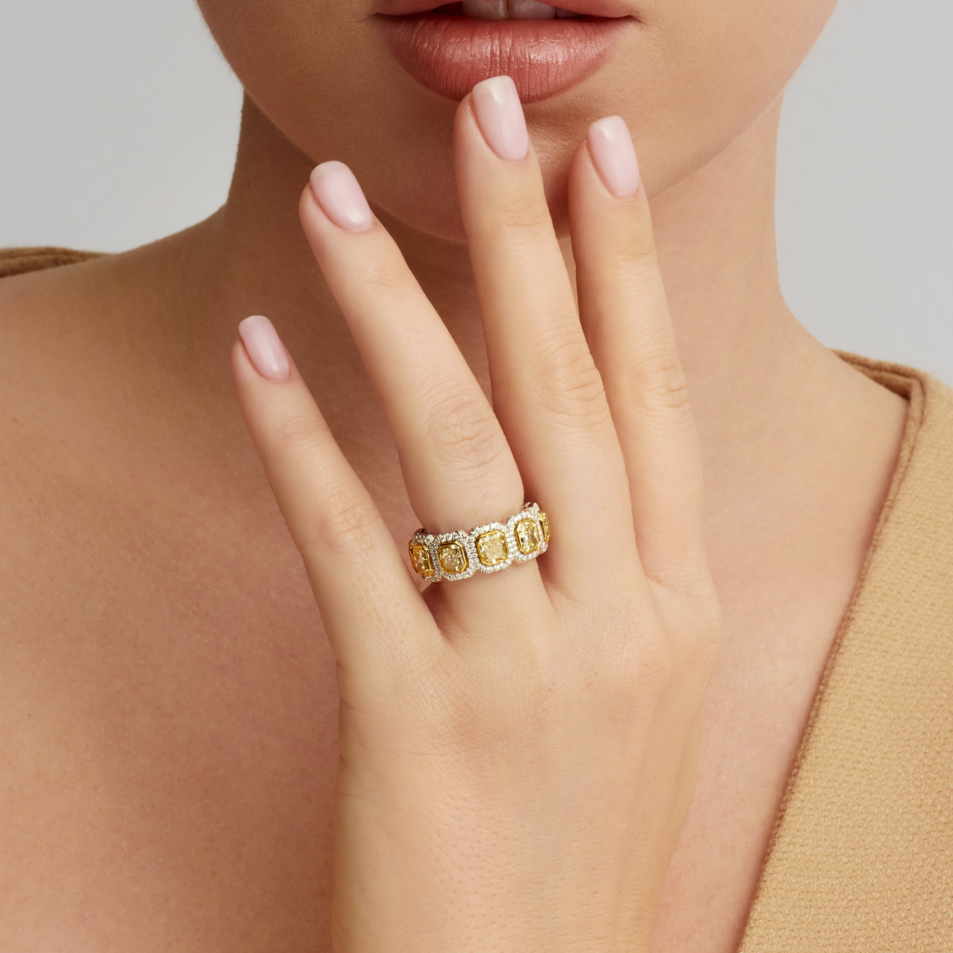 Radiant Cut Yellow Diamond and Halo White Diamond Eternity Band in 18 Karat Yellow Gold and Platinum