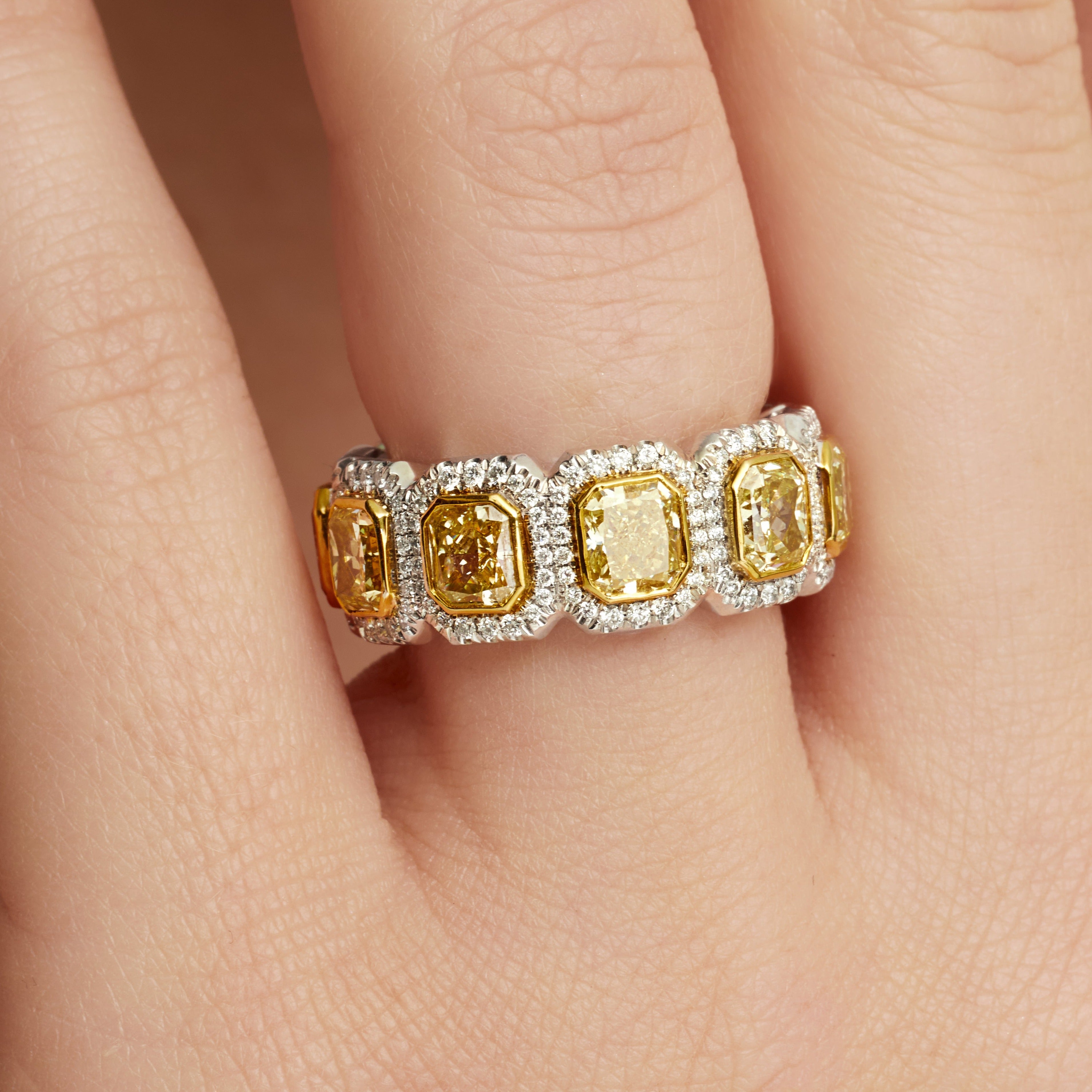 Radiant Cut Yellow Diamond and Halo White Diamond Eternity Band in 18 Karat Yellow Gold and Platinum