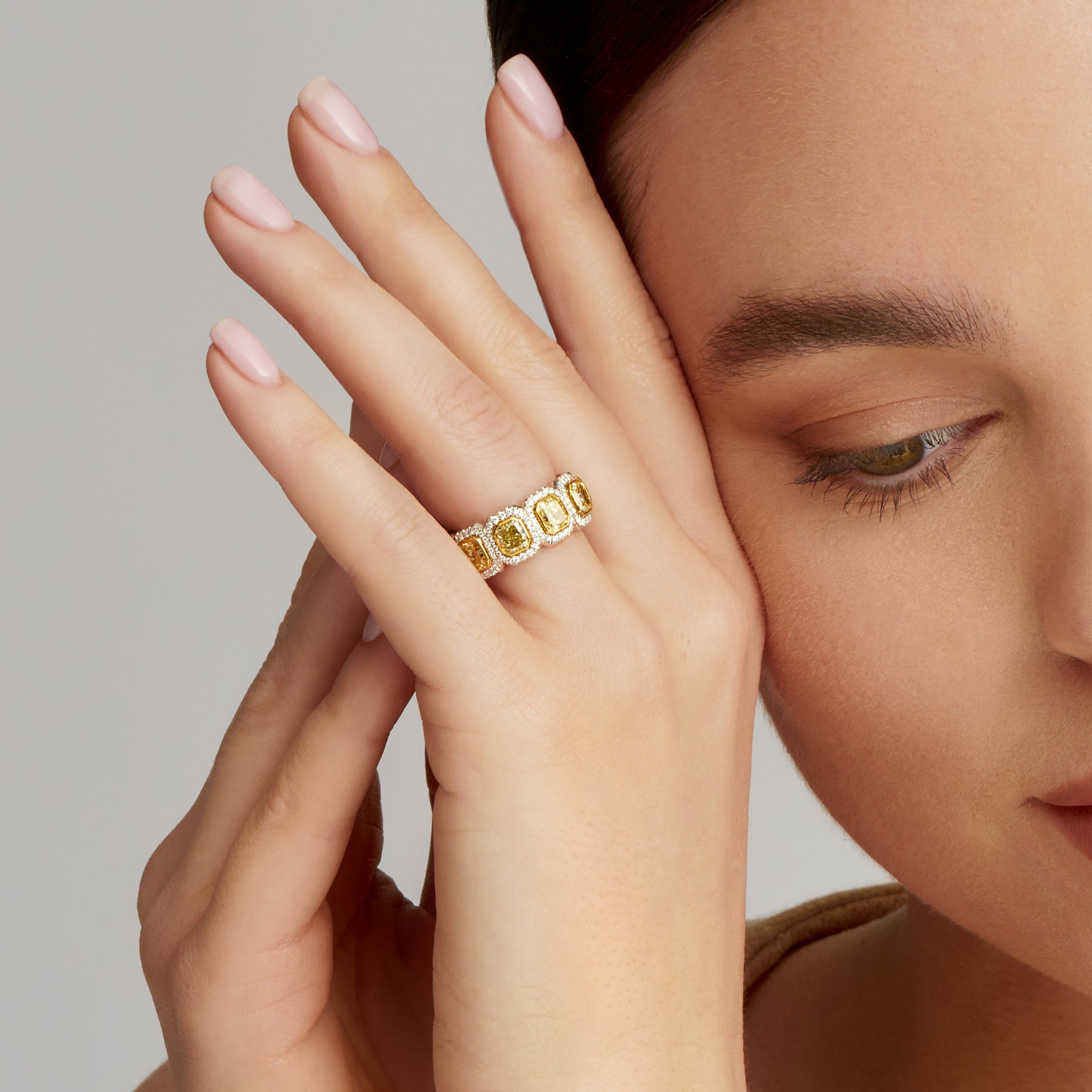 Radiant Cut Yellow Diamond and Halo White Diamond Eternity Band in 18 Karat Yellow Gold and Platinum