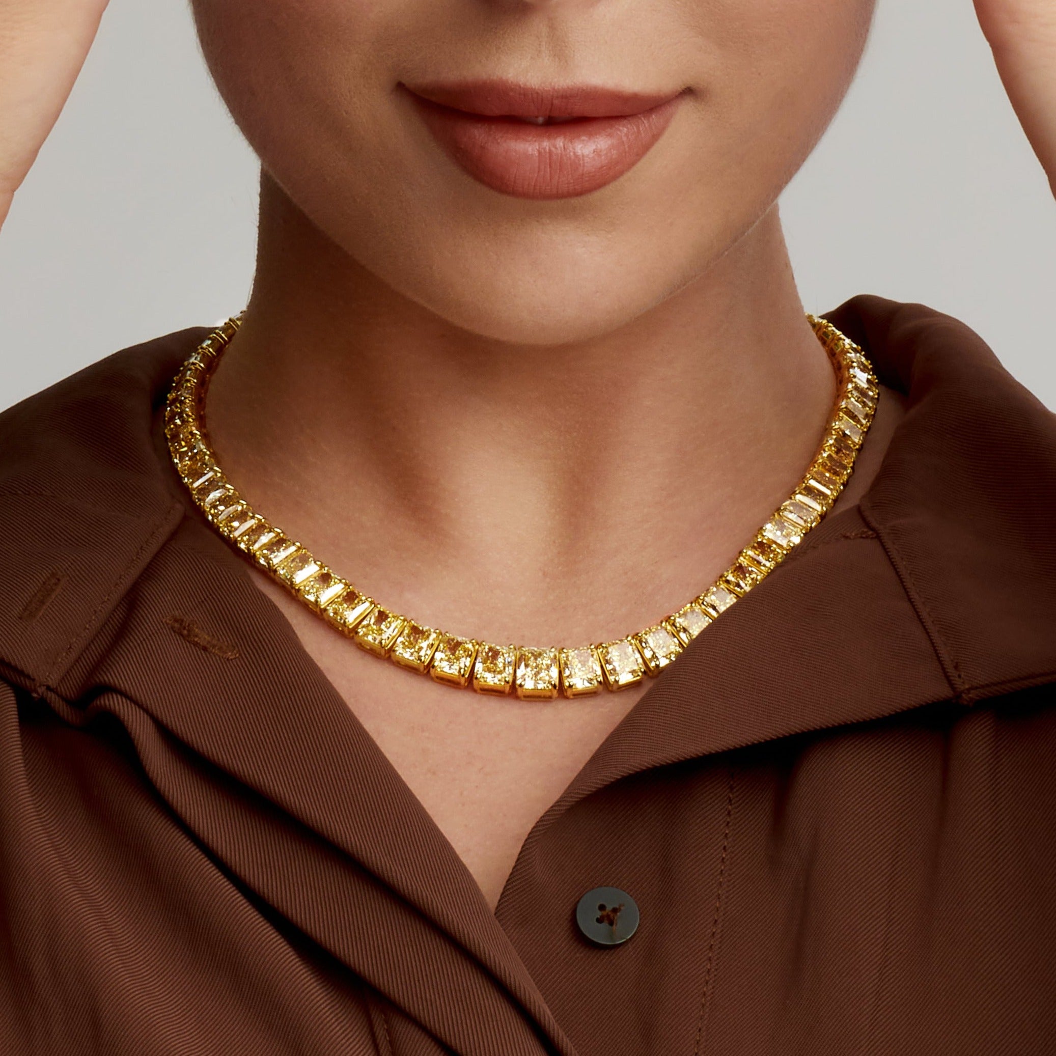 Graduated Radiant Cut Yellow Diamond Tennis Necklace in 18 Karat Yellow Gold