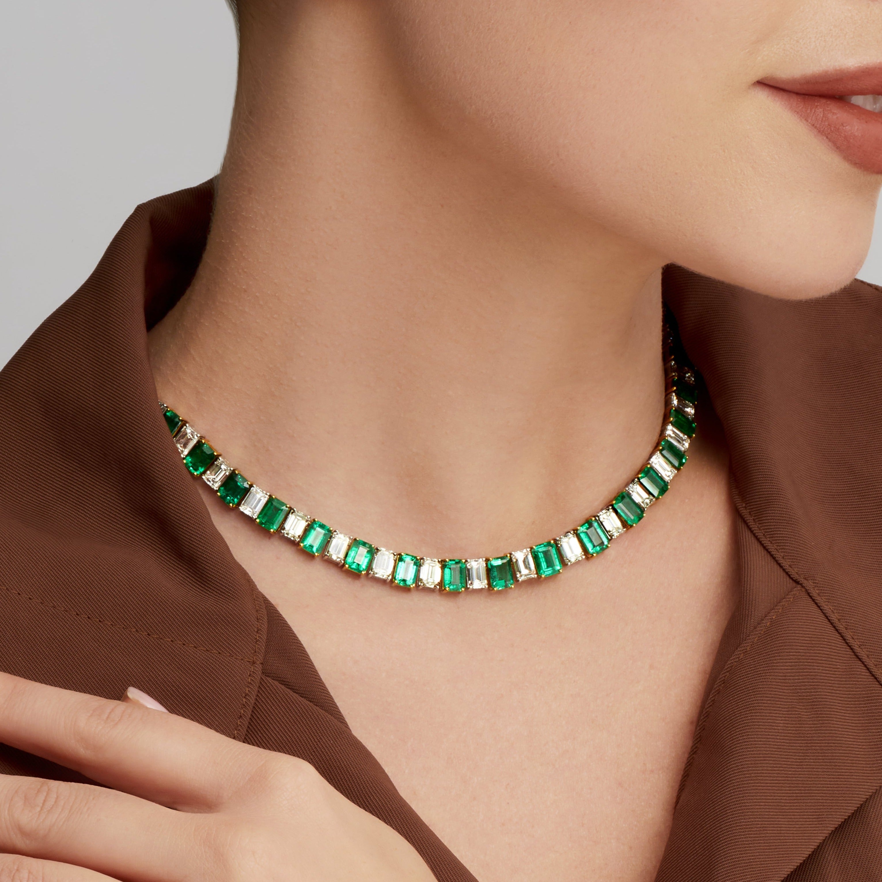 Alternating Cushion Cut Emerald and Emerald Cut Diamond Tennis Necklace in Platinum