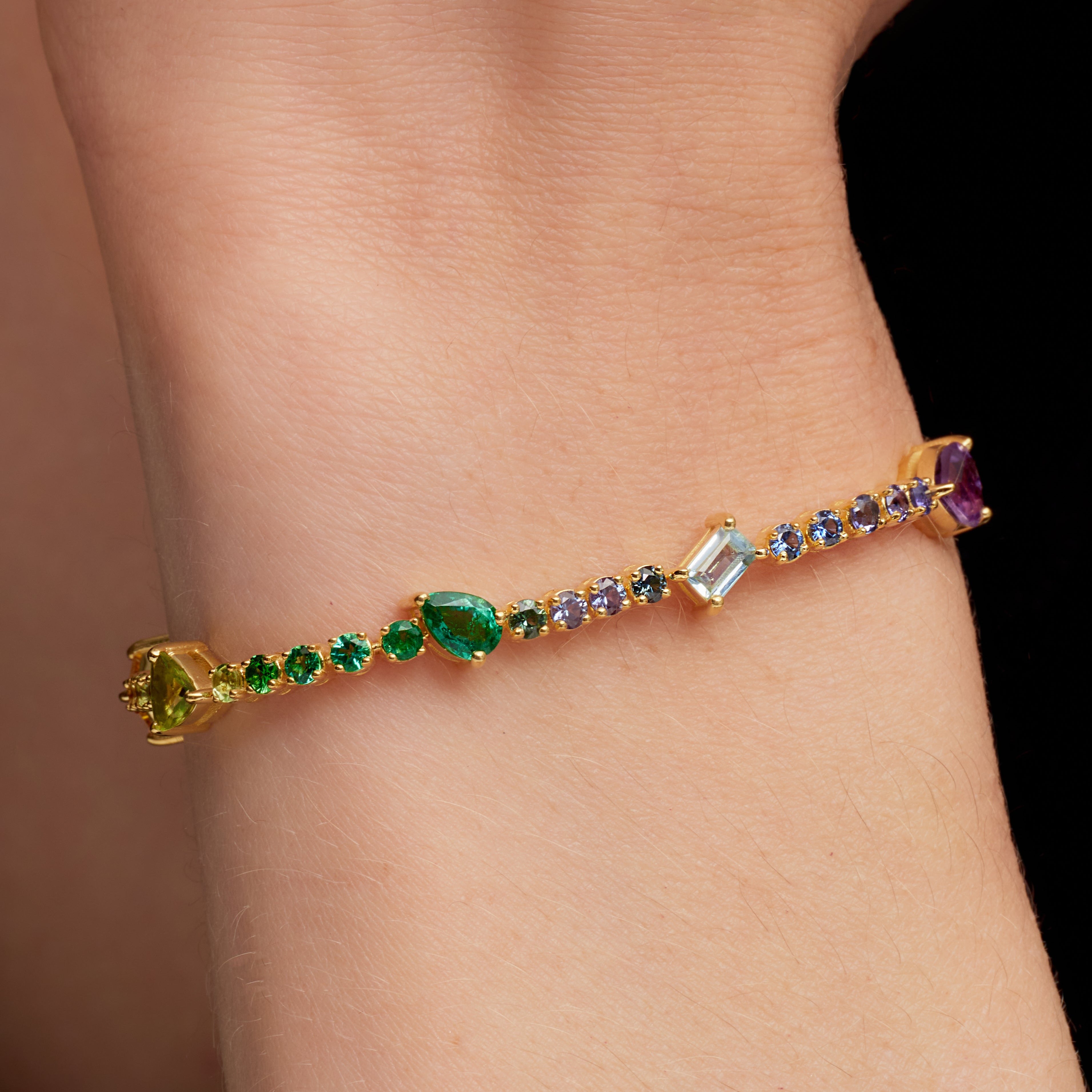 Mixed Cut Gemstone Rainbow Tennis Bracelet in Yellow Gold