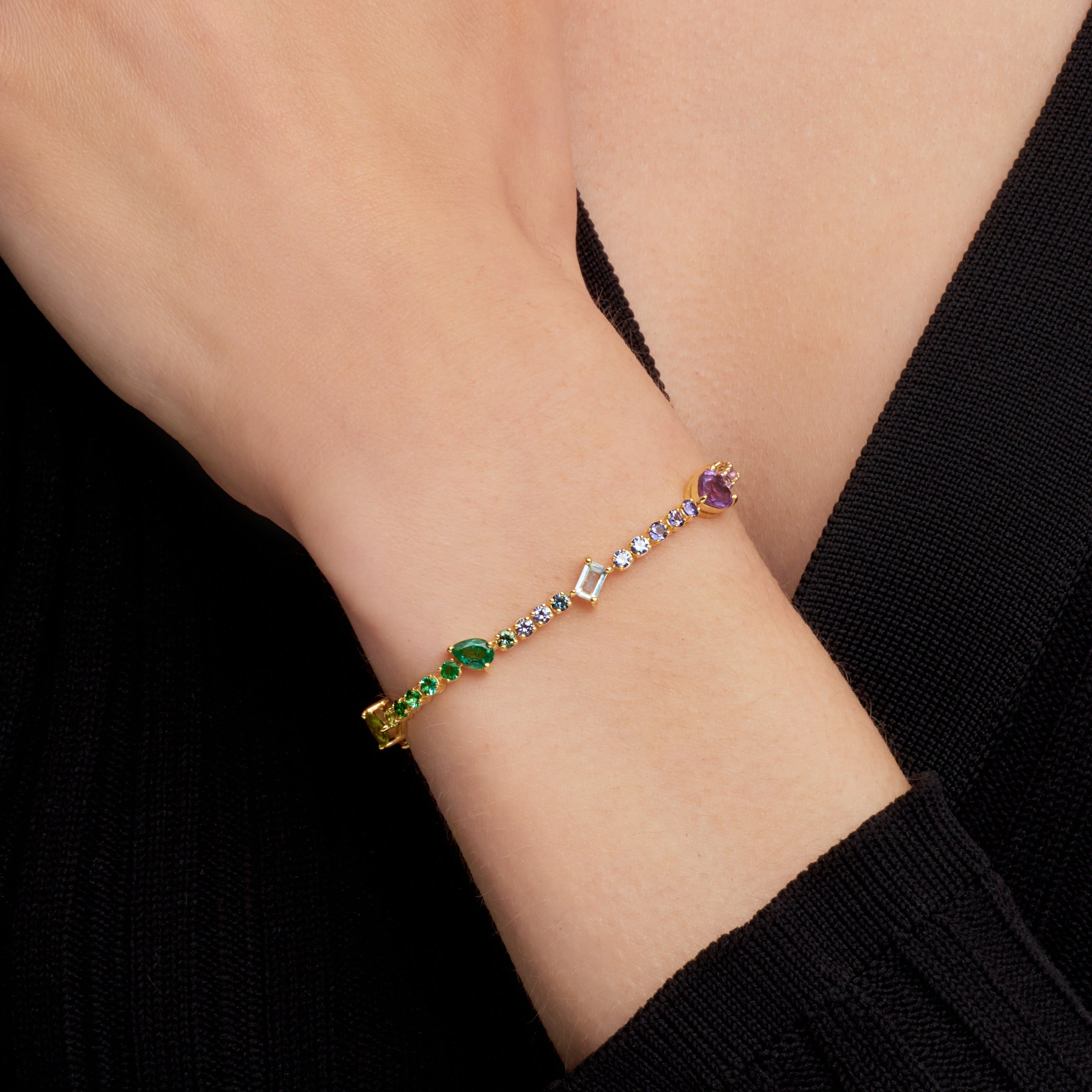 Mixed Cut Gemstone Rainbow Tennis Bracelet in Yellow Gold