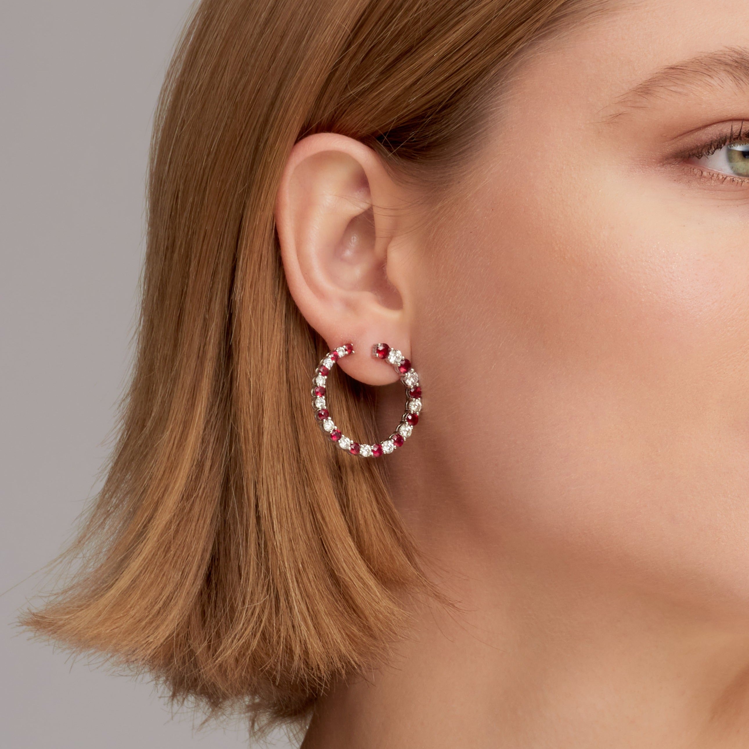 Graduated Round Cut Ruby & Diamond Hoop Earrings in 18 Karat White Gold