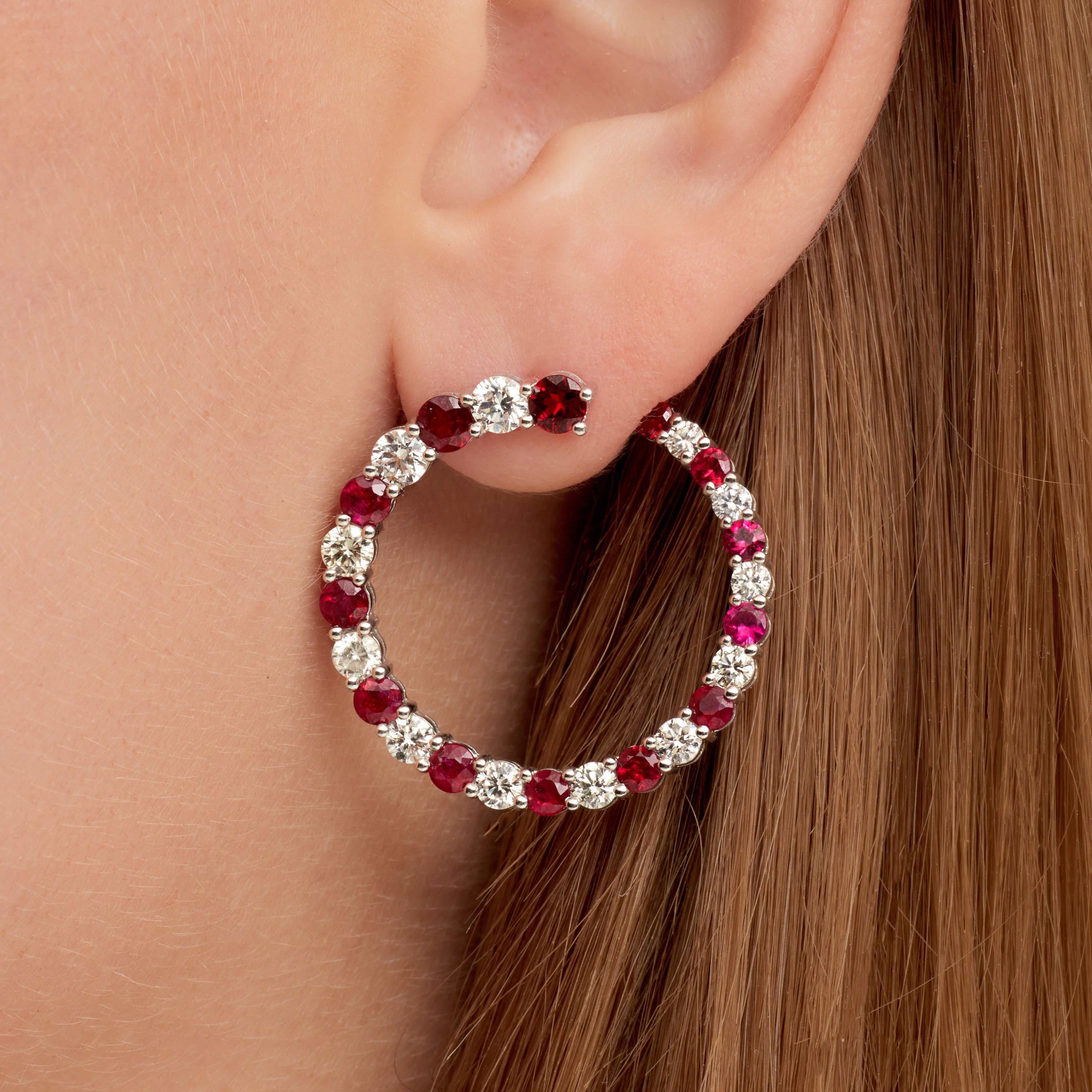 Graduated Round Cut Ruby & Diamond Hoop Earrings in 18 Karat White Gold