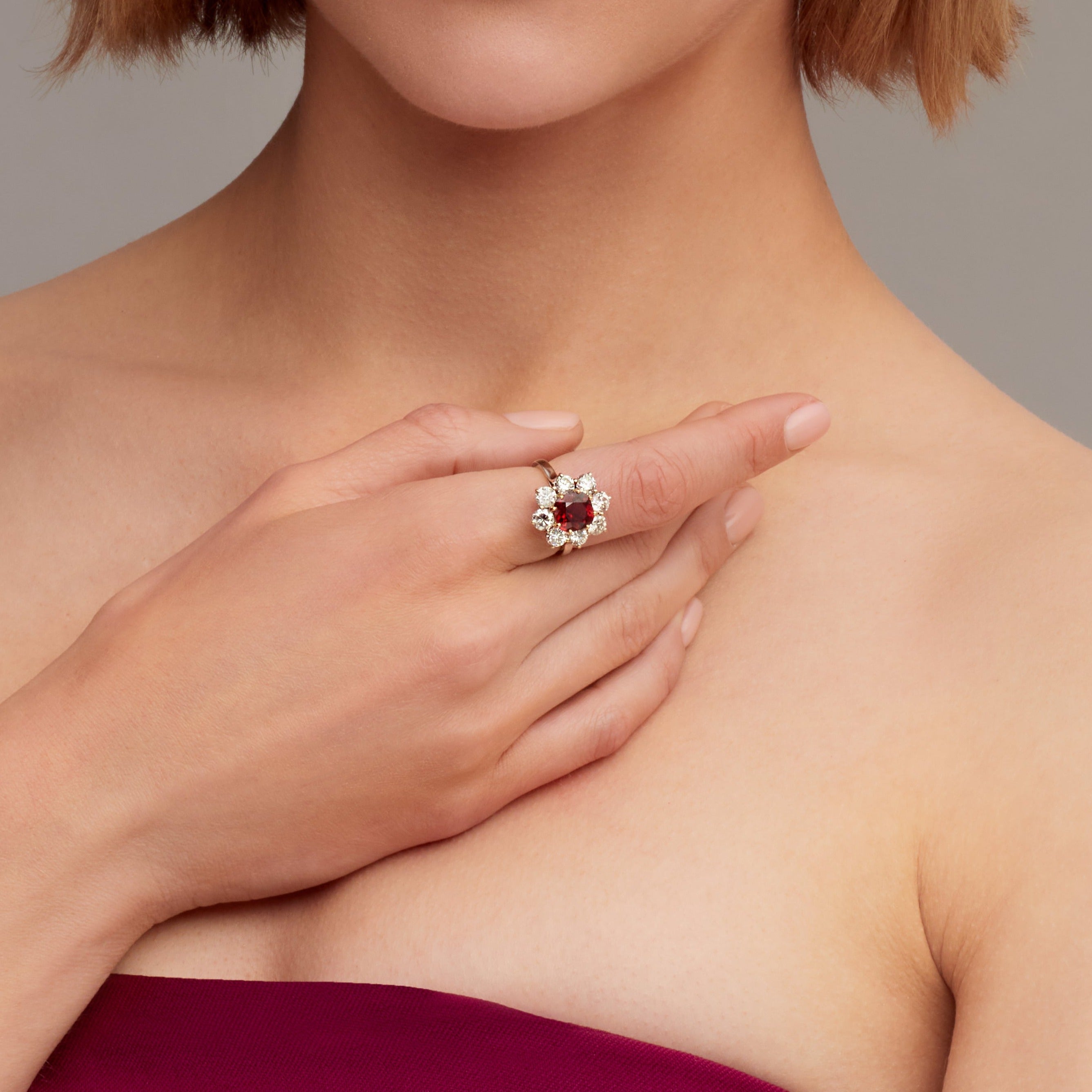 Cushion Cut Ruby and Diamond Halo Ring In Platinum Ruthenium and 18 Karat Yellow Gold