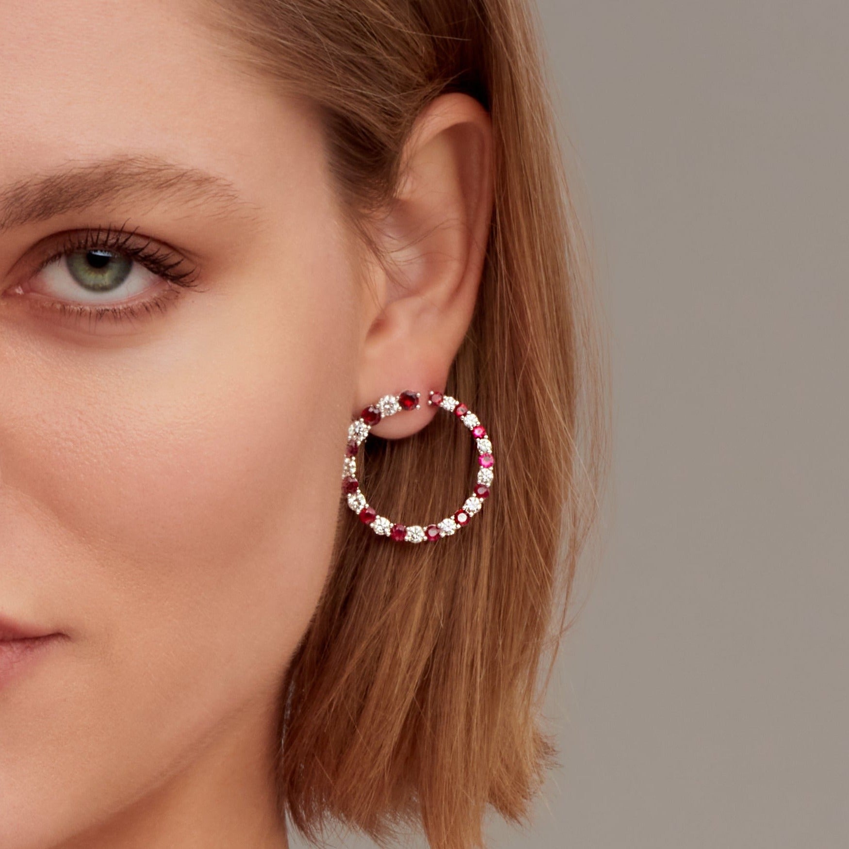 Graduated Round Cut Ruby & Diamond Hoop Earrings in 18 Karat White Gold