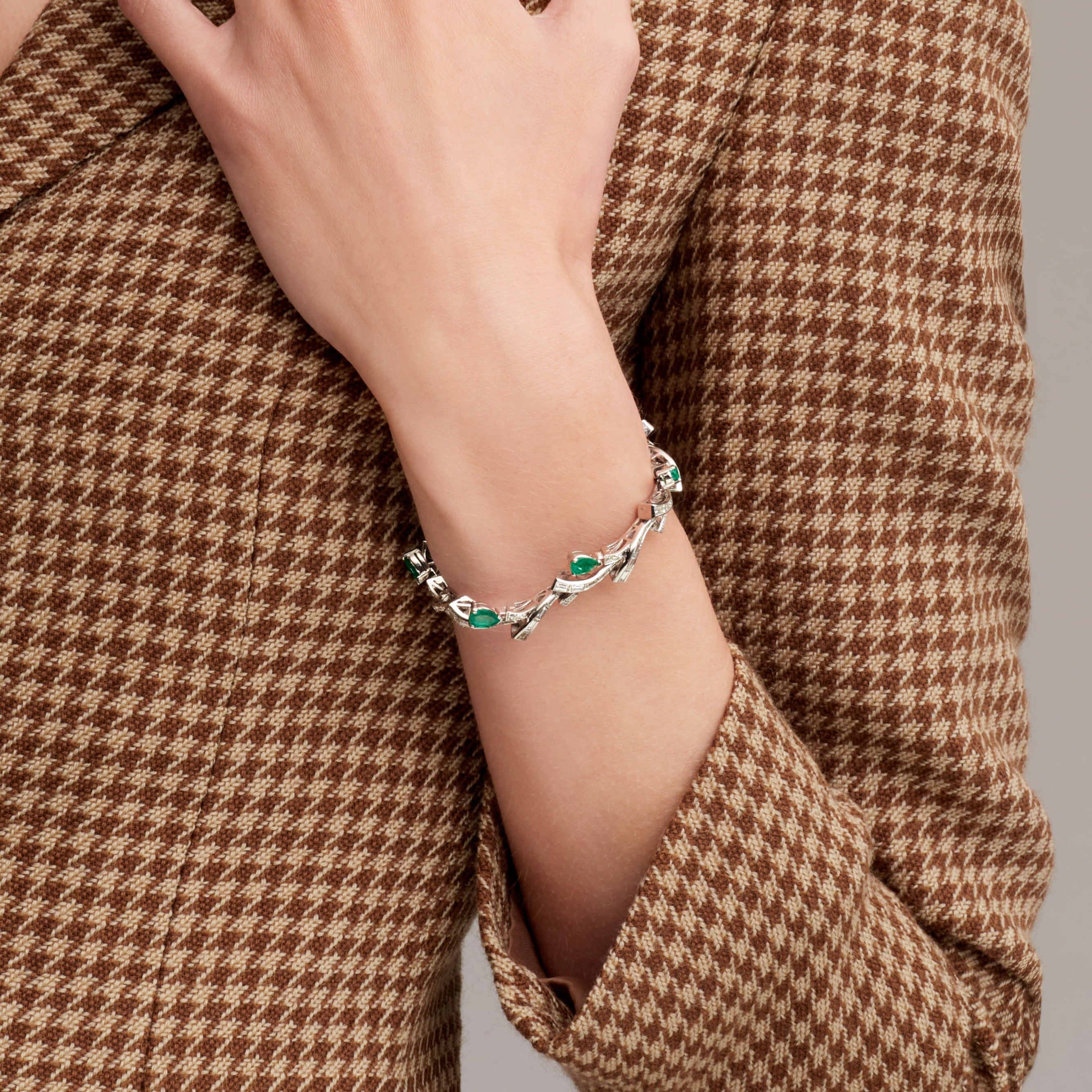 Diamond Baguette And Pear Shape Green Emerald Bracelet