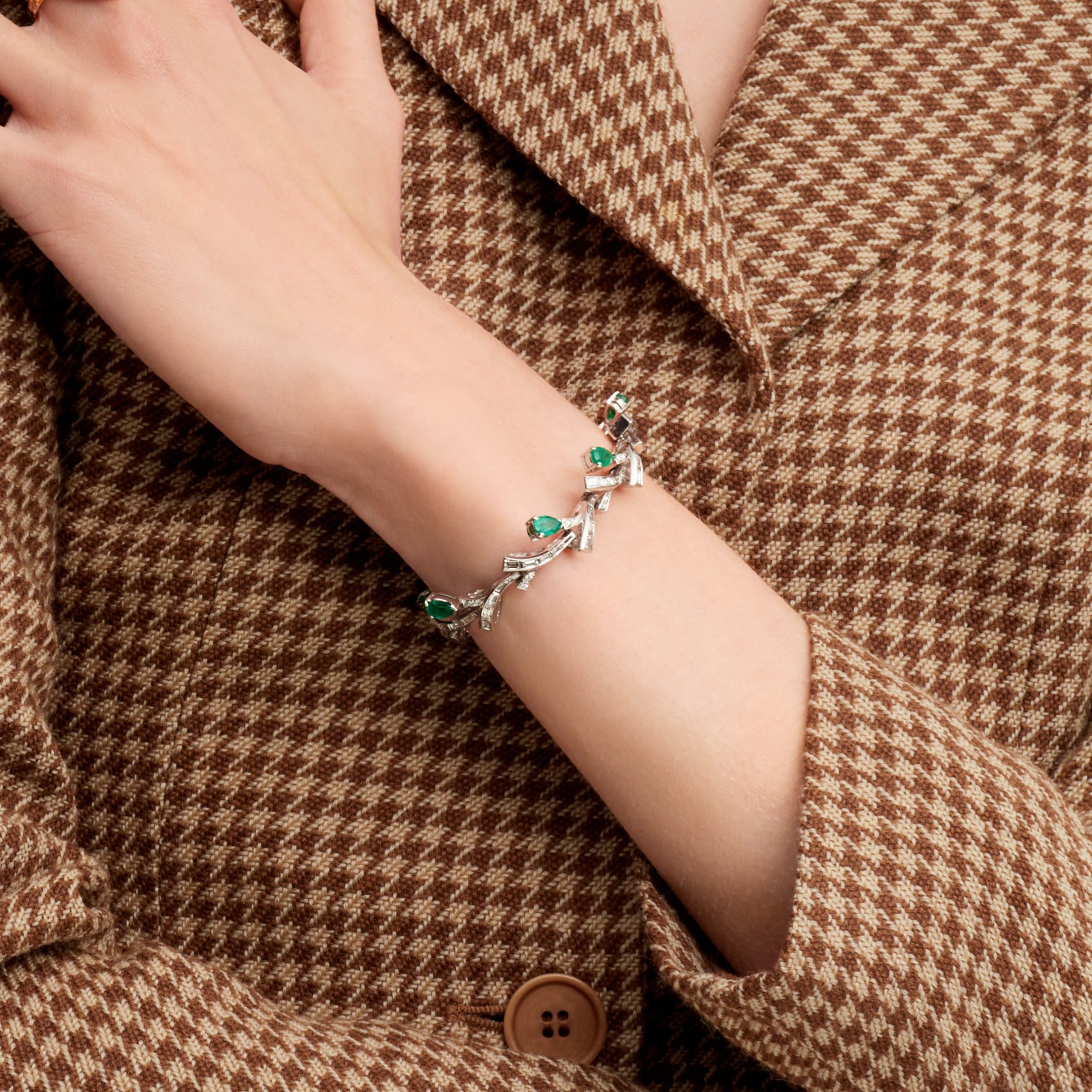 Diamond Baguette And Pear Shape Green Emerald Bracelet