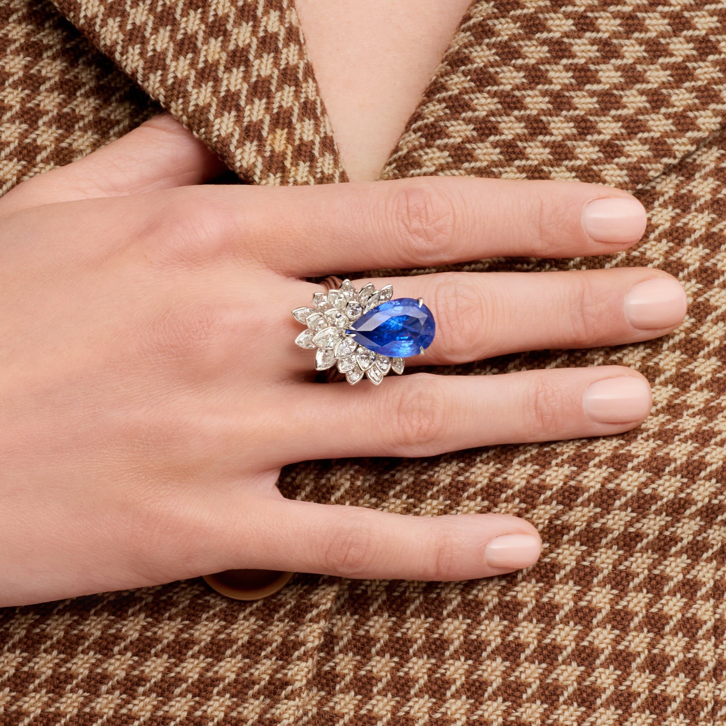 Pear Shape Blue Sapphire Ring with Pear & Marquise Cut Layered Bezel Set Diamonds in Platinum Ruthenium