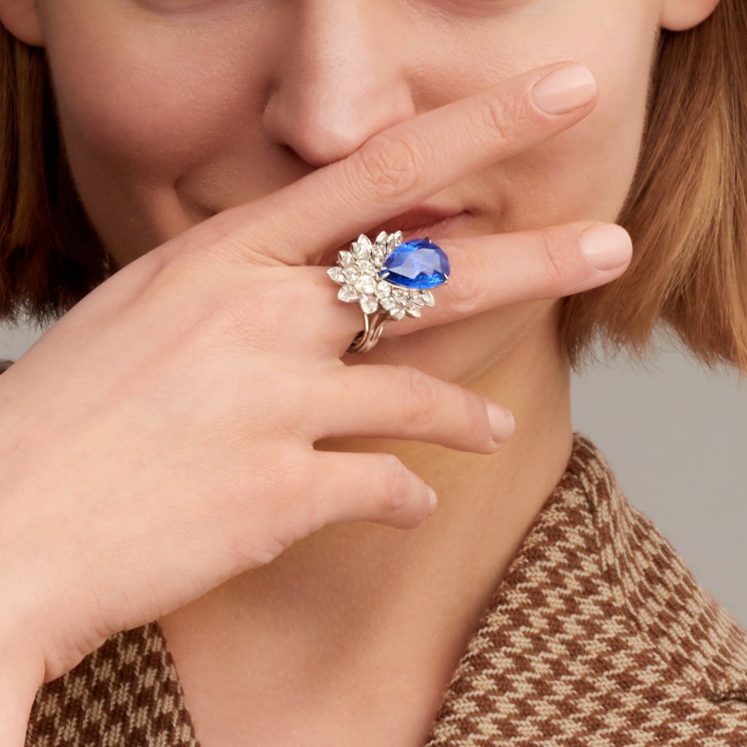 Pear Shape Blue Sapphire Ring with Pear & Marquise Cut Layered Bezel Set Diamonds in Platinum Ruthenium