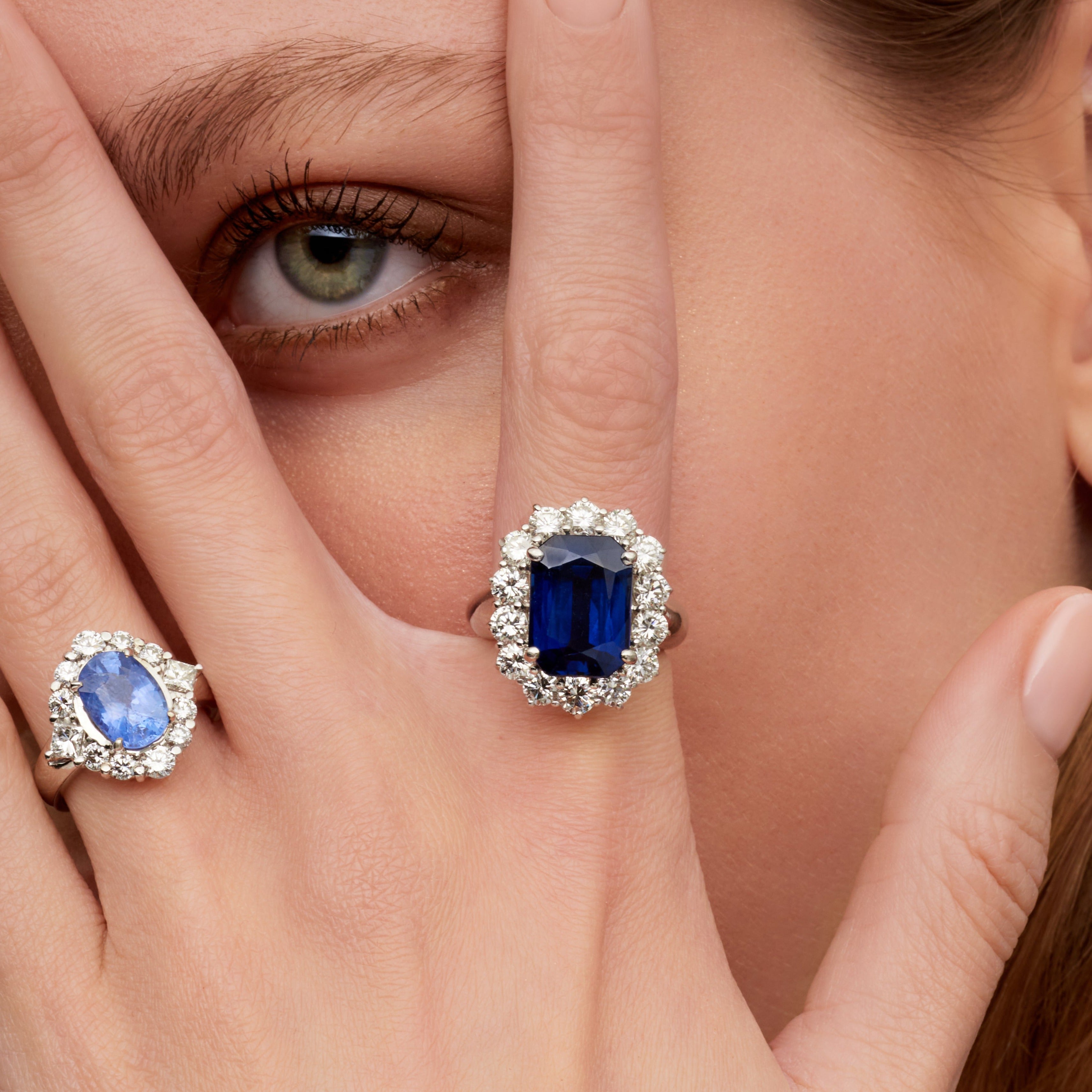 Radiant Cut Sapphire Ring with Round Cut Diamond Halo in Platinum Ruthenium