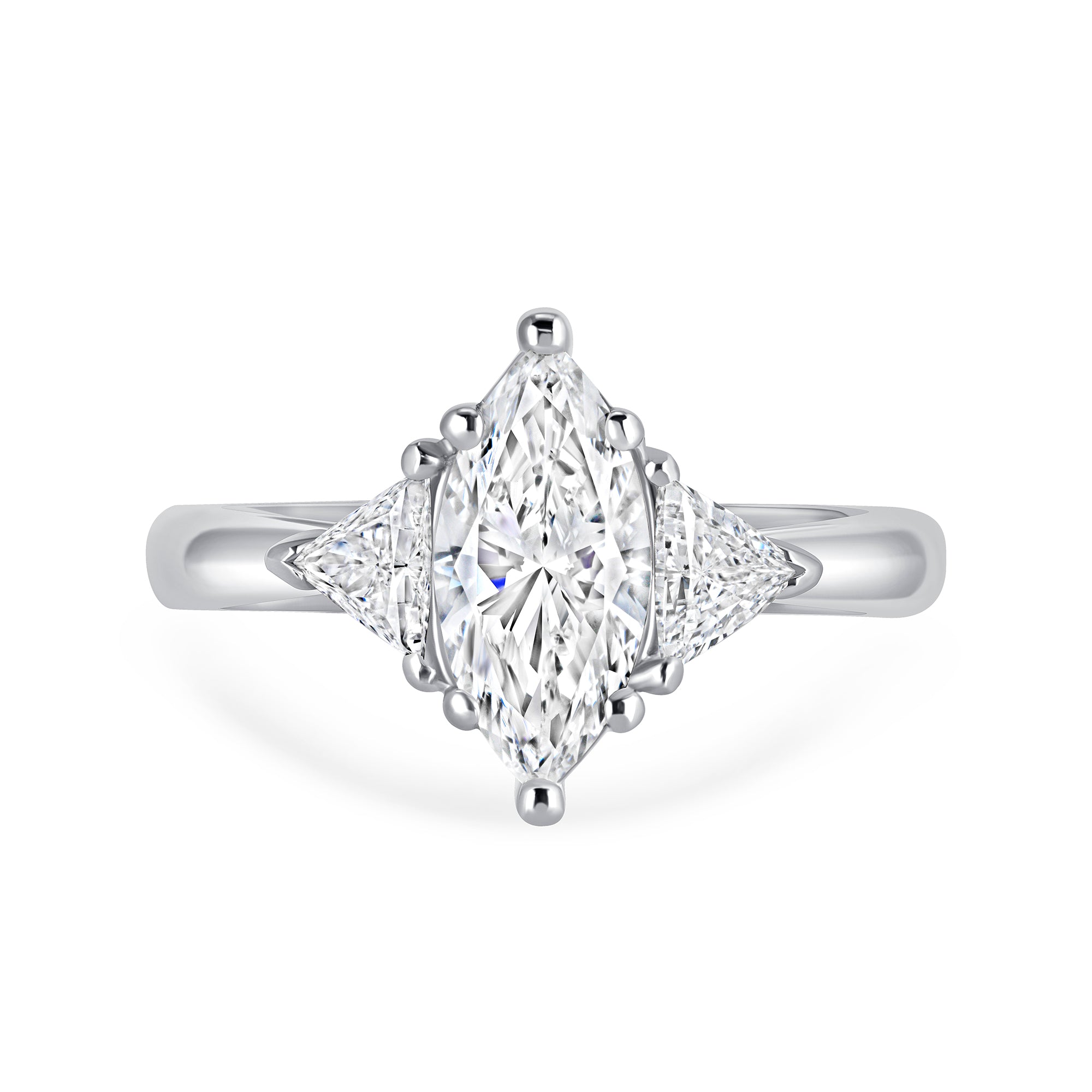 Marquise Cut Diamond Ring with Trillion-Cut Side Stones in Platinum