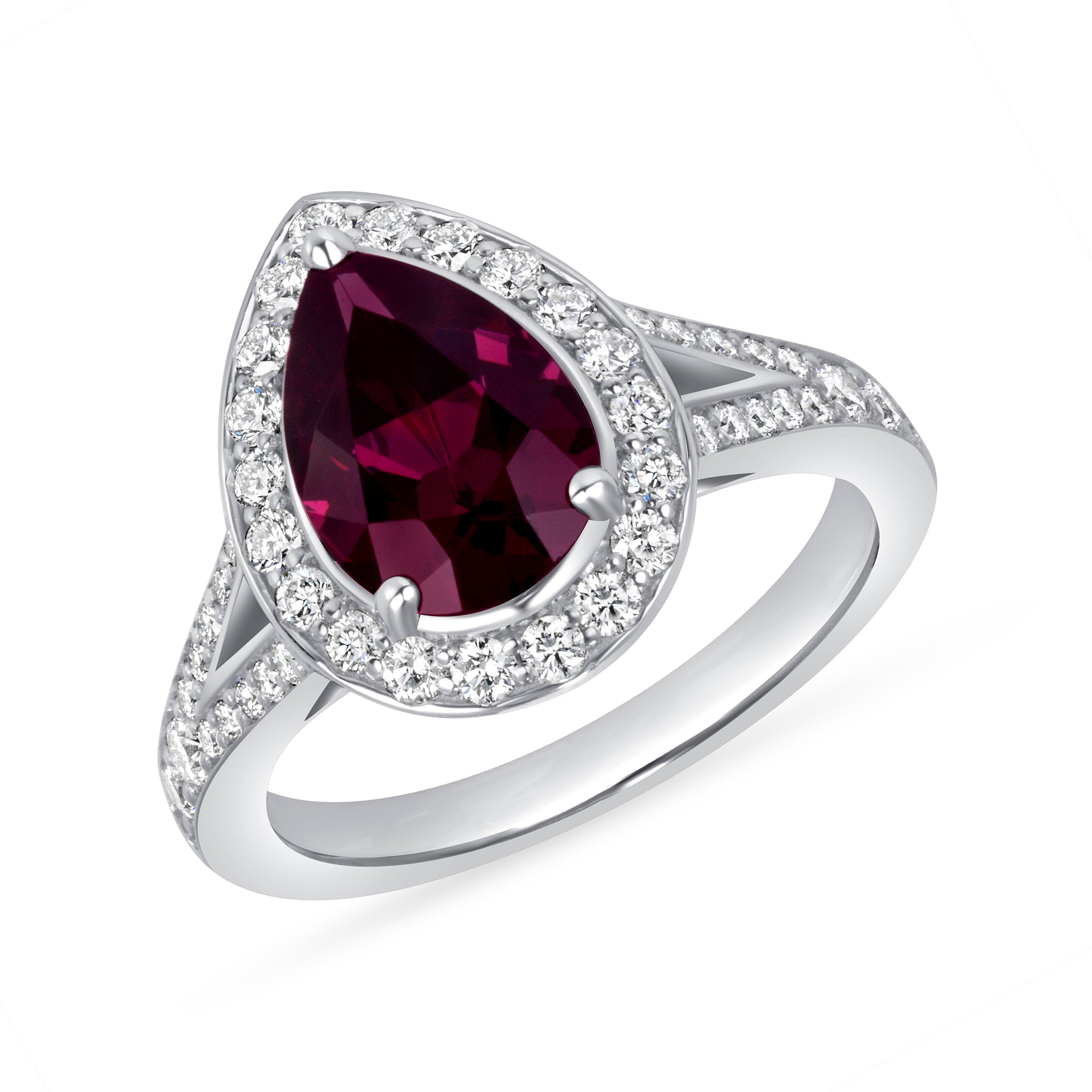 Pear-Shaped Ruby and Diamond Halo Ring in Platinum
