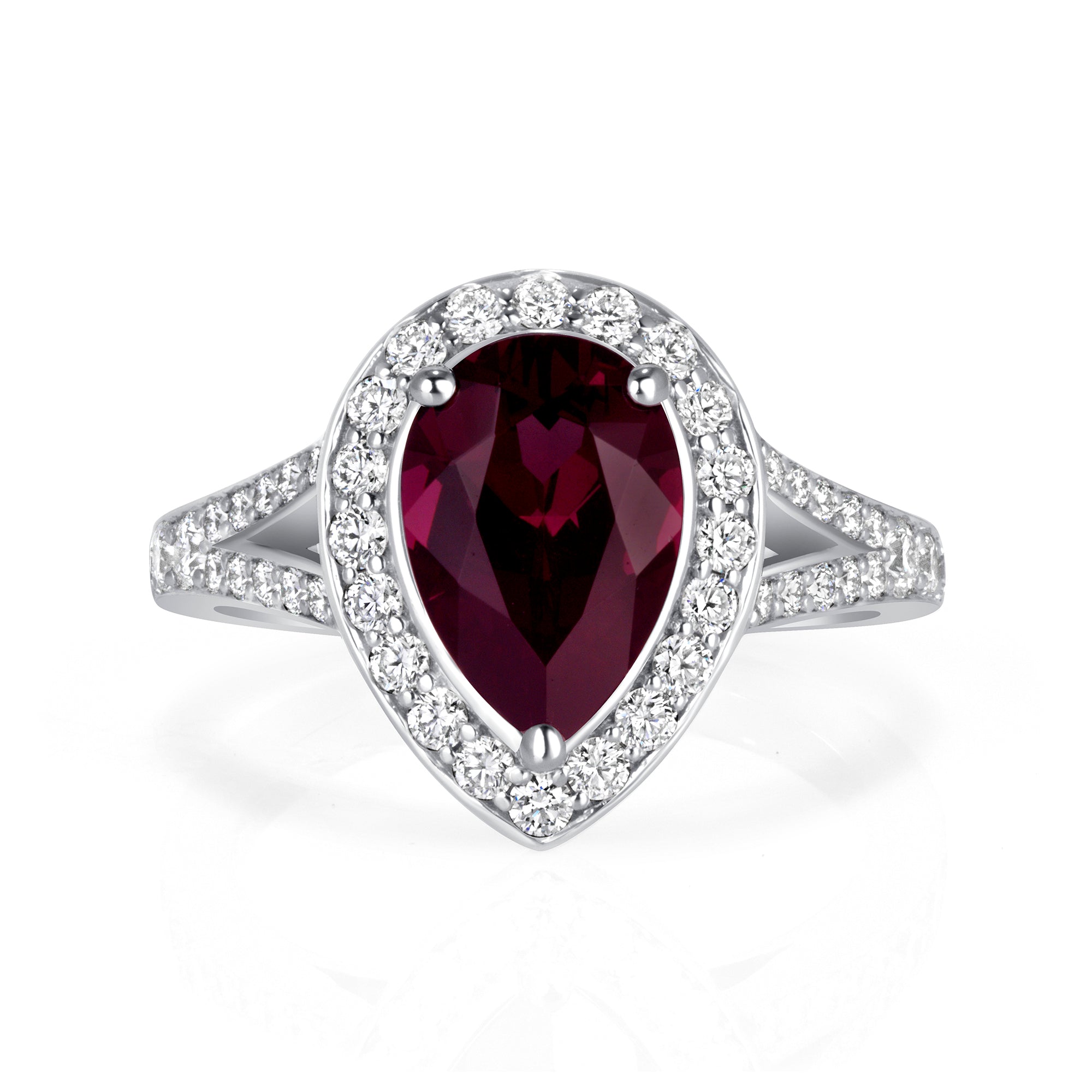 Pear-Shaped Ruby and Diamond Halo Ring in Platinum