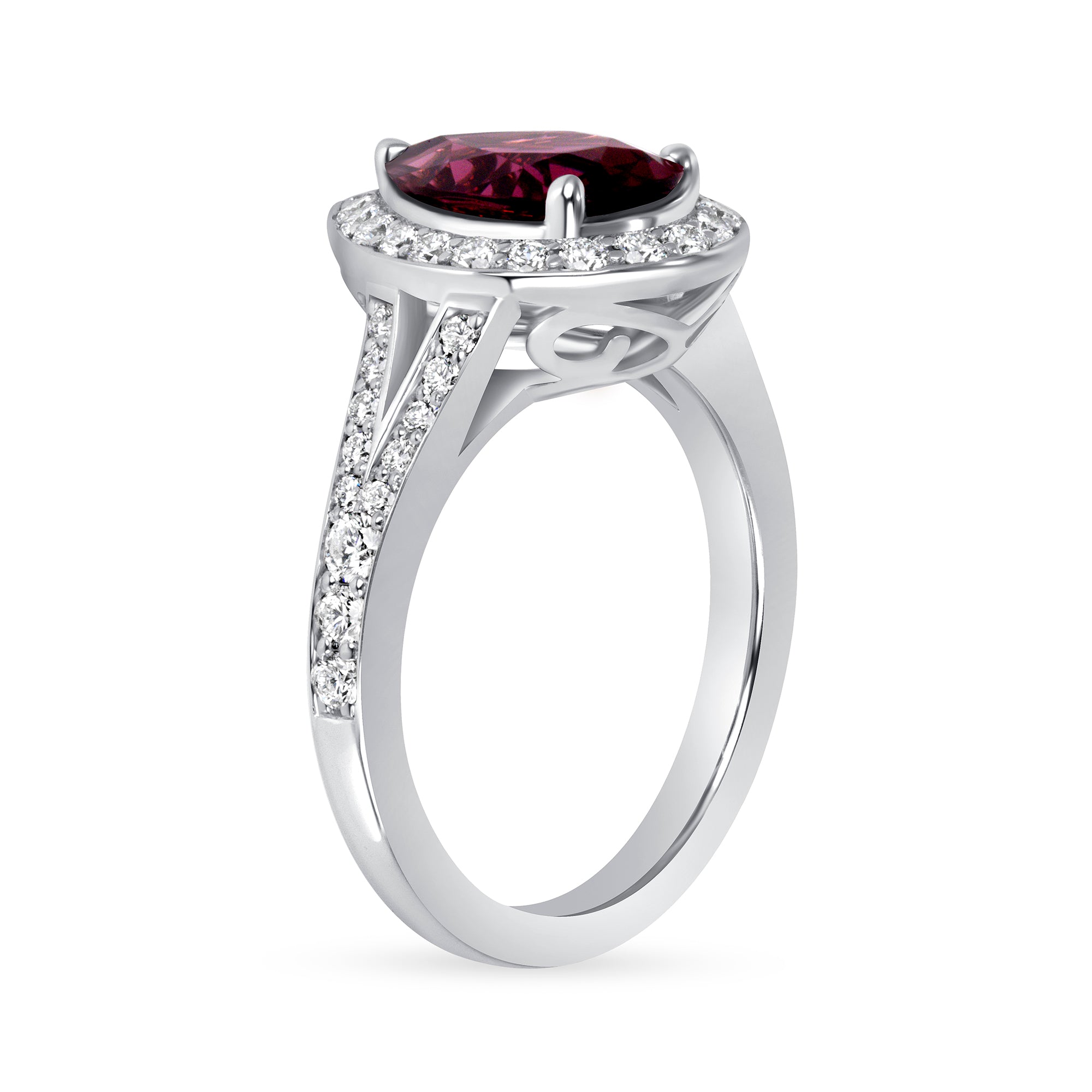 Pear-Shaped Ruby and Diamond Halo Ring in Platinum