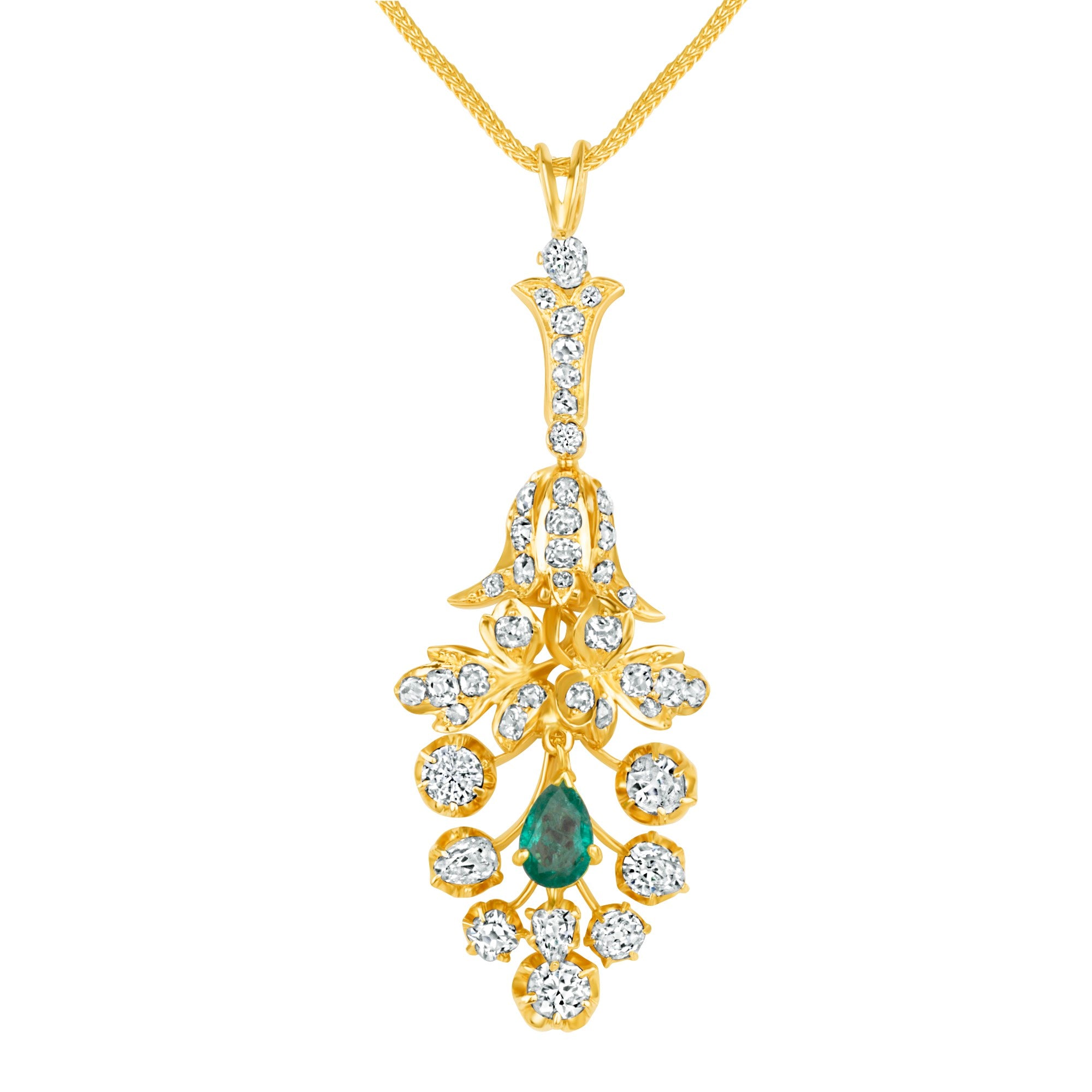 Pear Cut Emerald and Diamond Pendant Necklace in 18K Yellow Gold