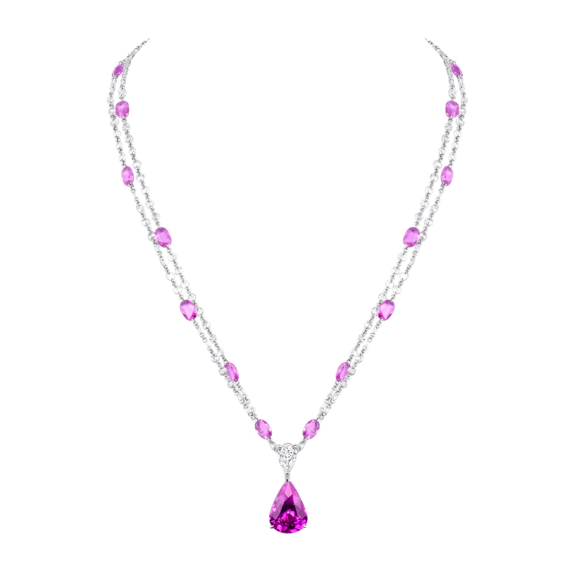 Pink Sapphire and Diamond Double Strand Station Pendant Necklace in 18K White Gold