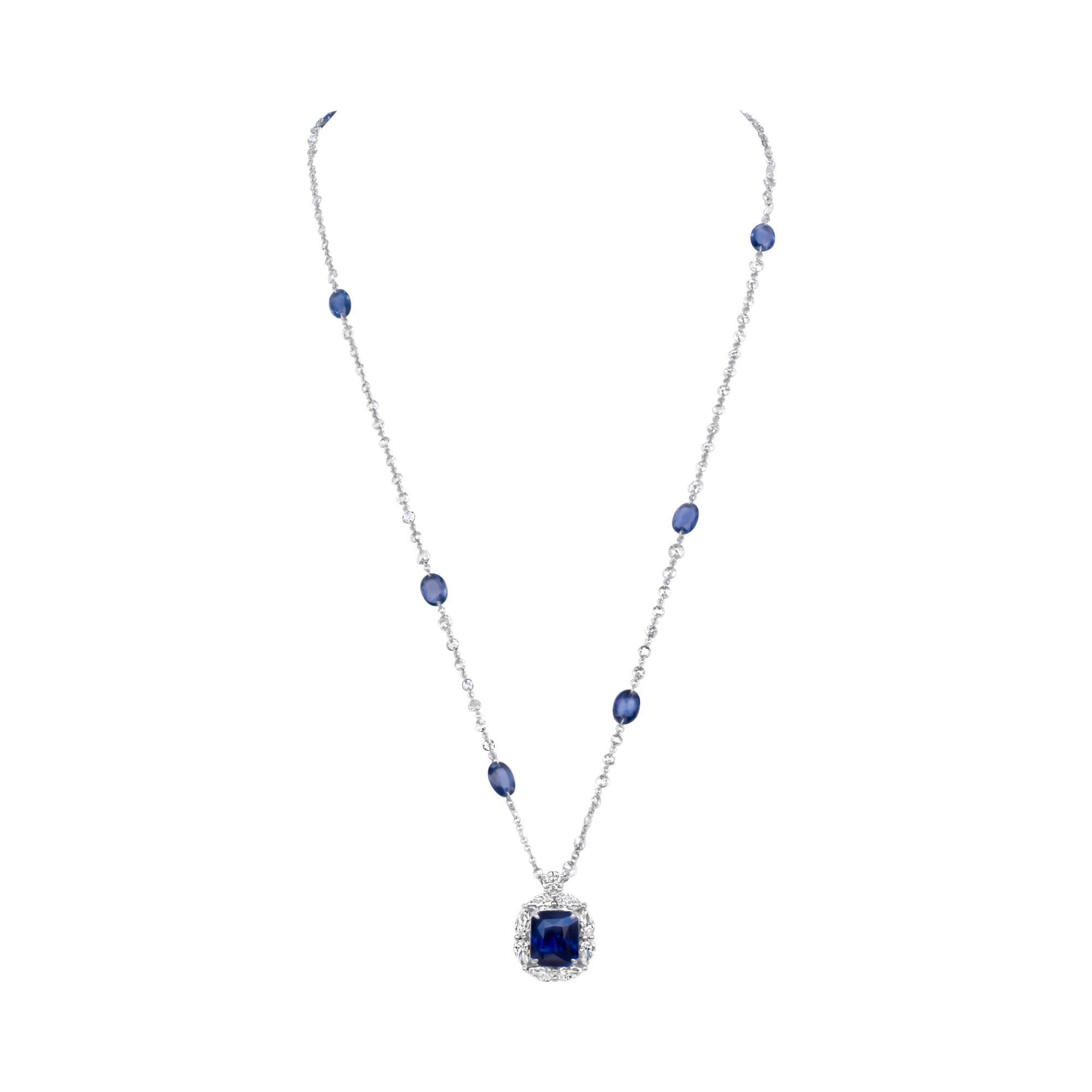 Blue Sapphire and Diamond Halo Station Pendant Necklace in 18K White Gold