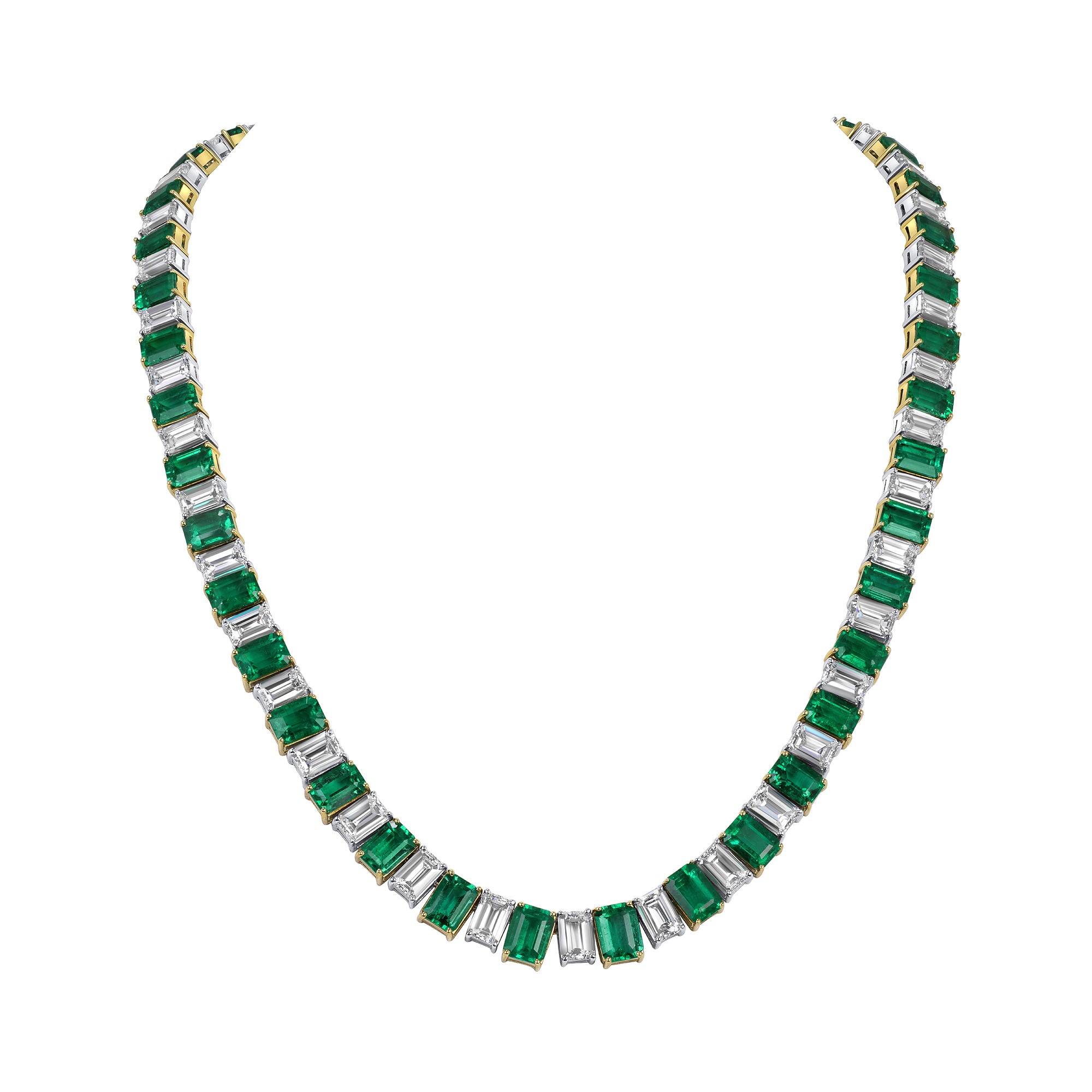 Alternating Cushion Cut Emerald and Emerald Cut Diamond Tennis Necklace in Platinum