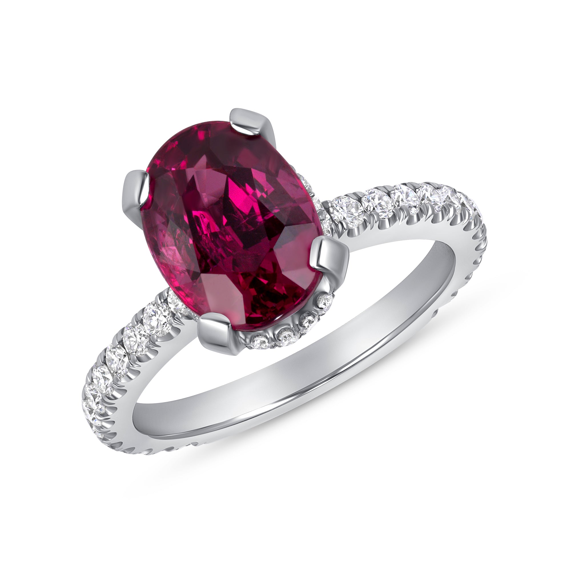 Oval Ruby and Diamond Hidden Halo Ring in Platinum