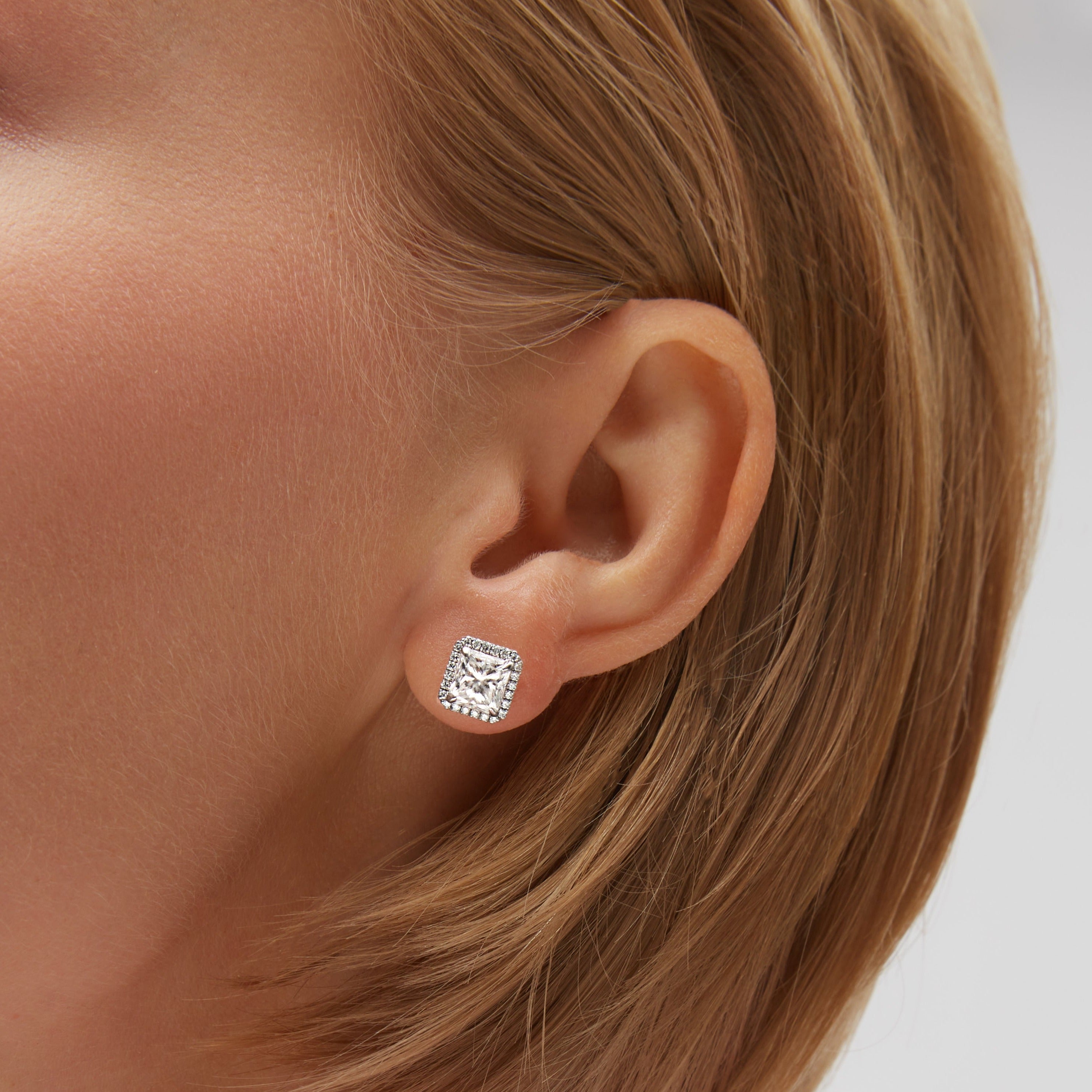 Radiant Cut Diamond Stud Earrings in Platinum With Pavé, GIA Certified