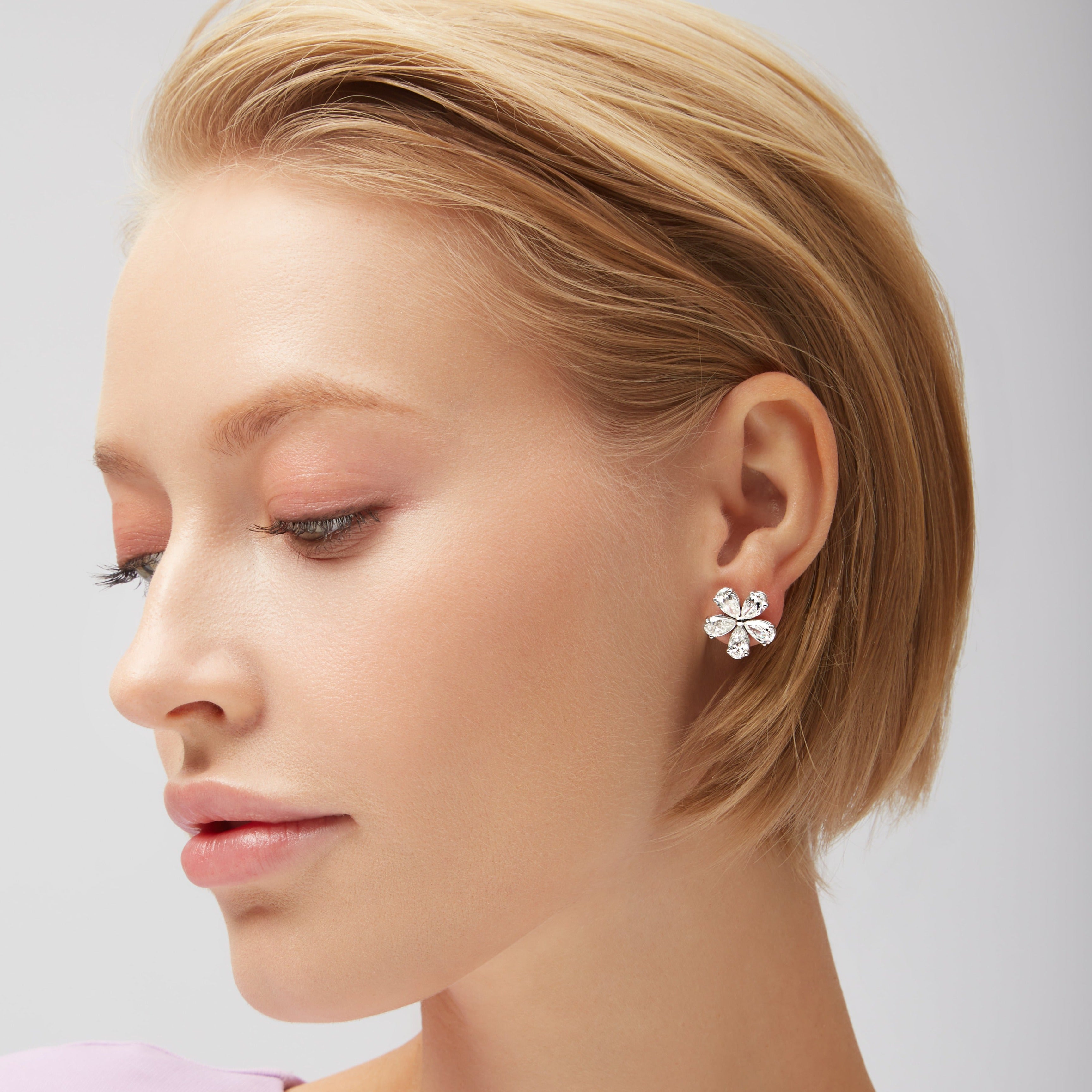 5 Petal Flower Diamond Stud Earrings in 18K White Gold, GIA Certified