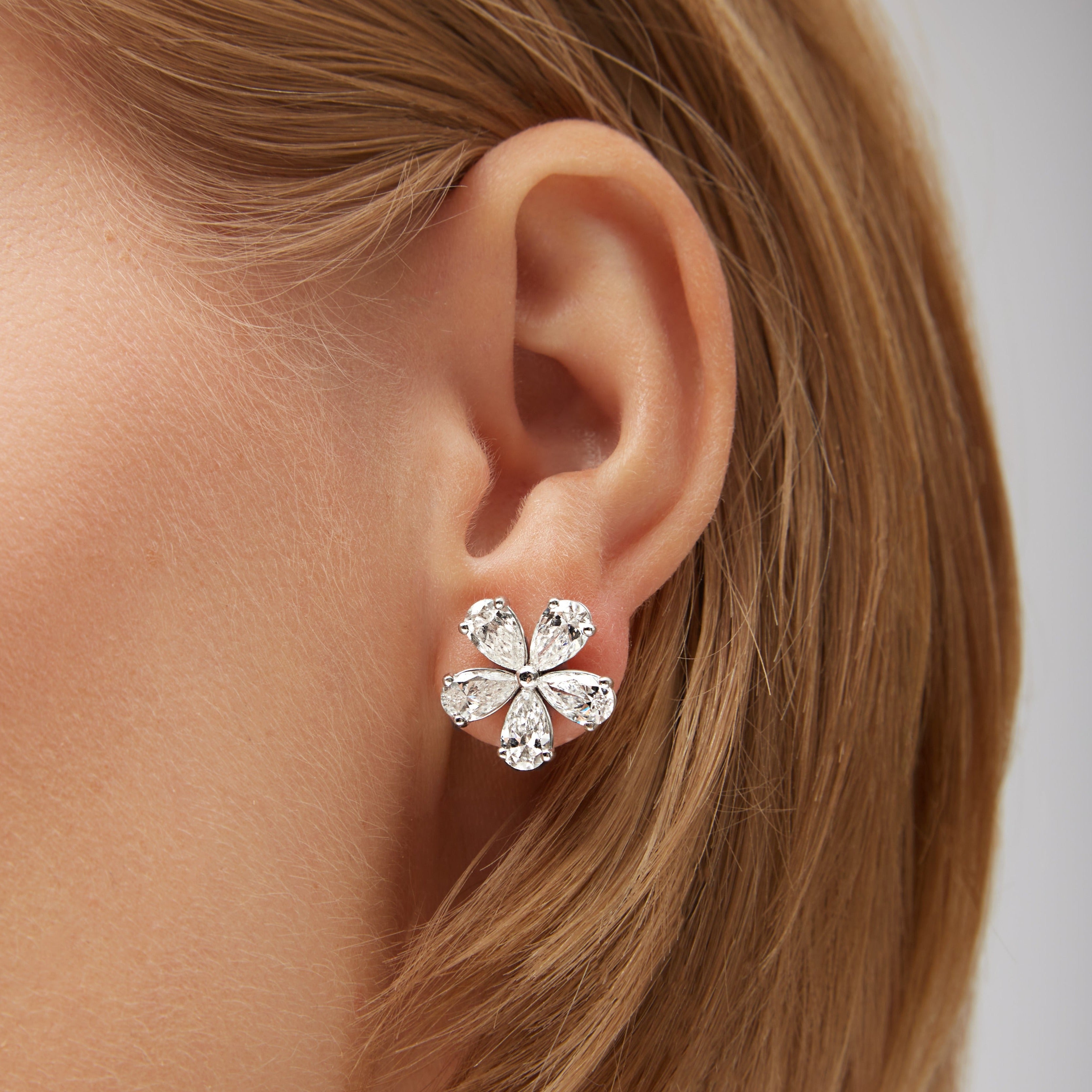 5 Petal Flower Diamond Stud Earrings in 18K White Gold, GIA Certified