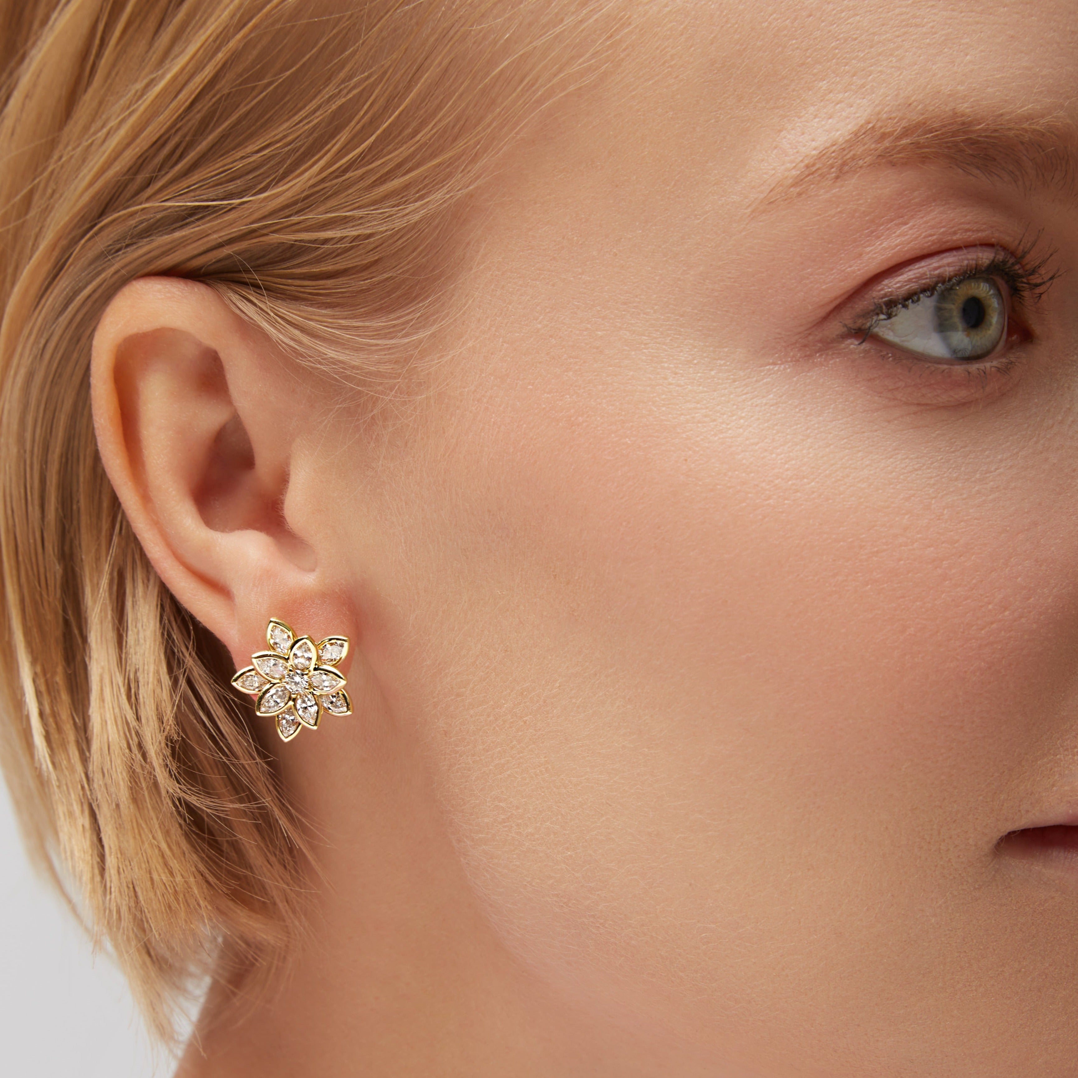 Dimensional Flower Shape Marquise & Round Brilliant Diamond Stud Earrings in 18K Yellow Gold