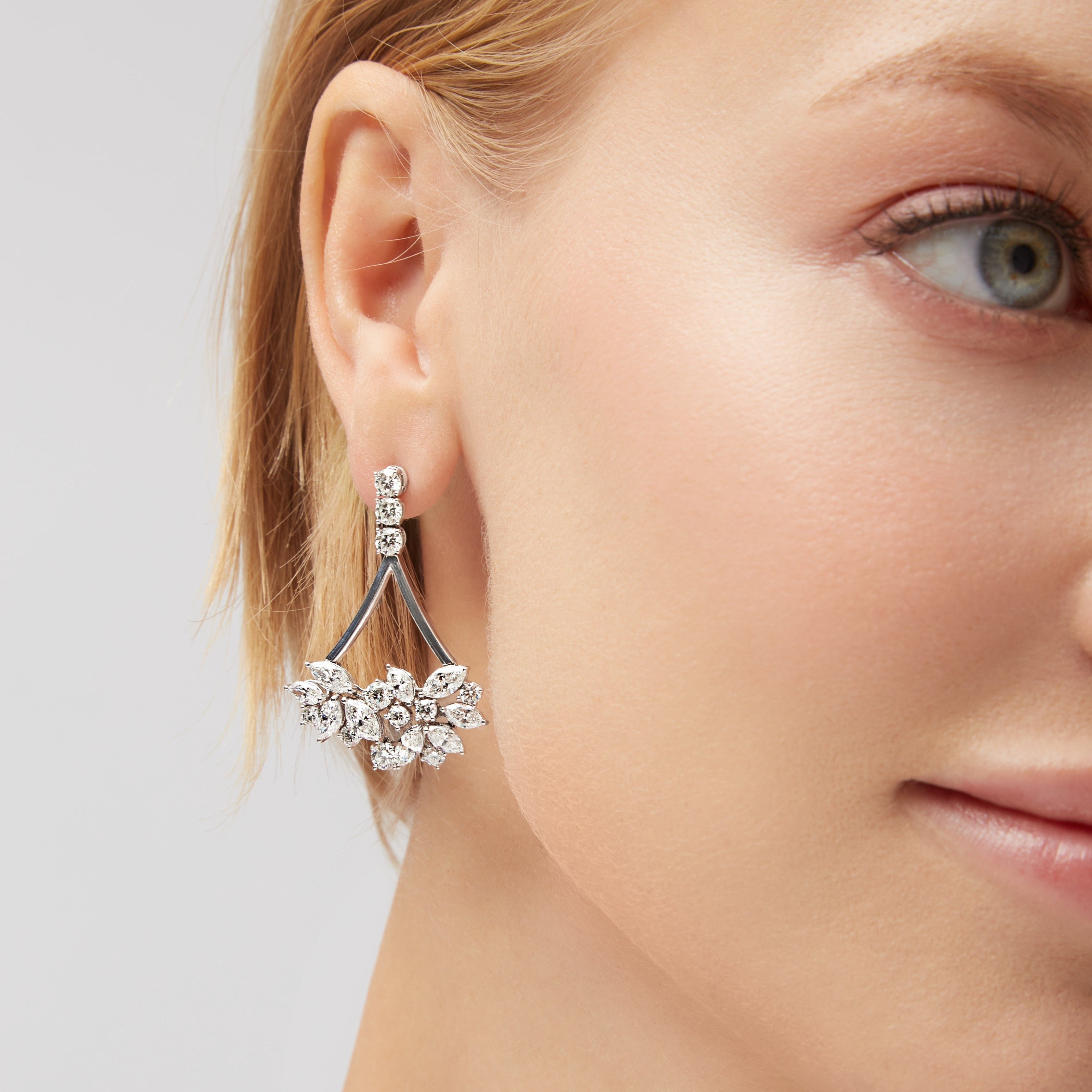 Marquise & Round Brilliant Cut Diamond Drop Bouquet Earrings in 18K White Gold