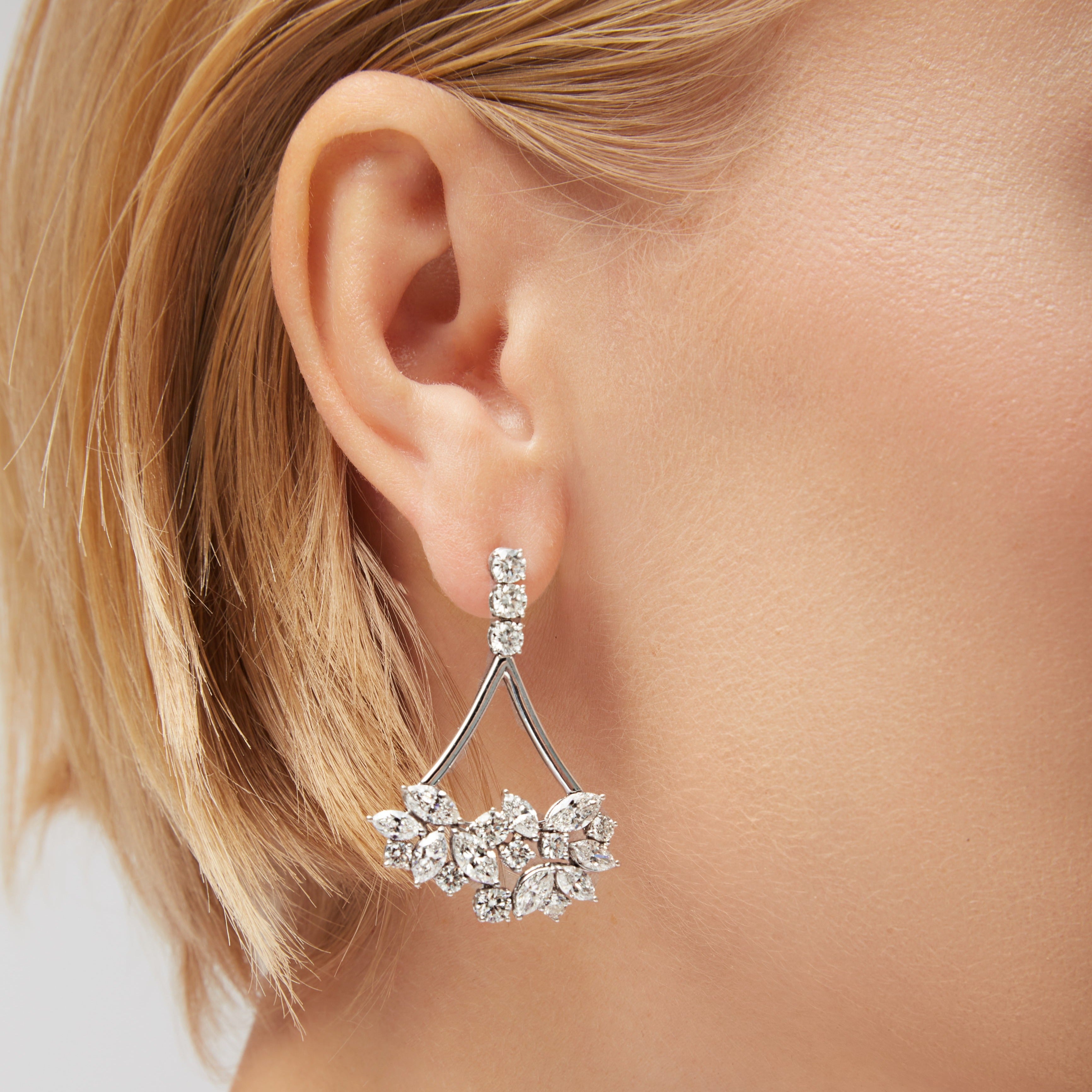 Marquise & Round Brilliant Cut Diamond Drop Bouquet Earrings in 18K White Gold