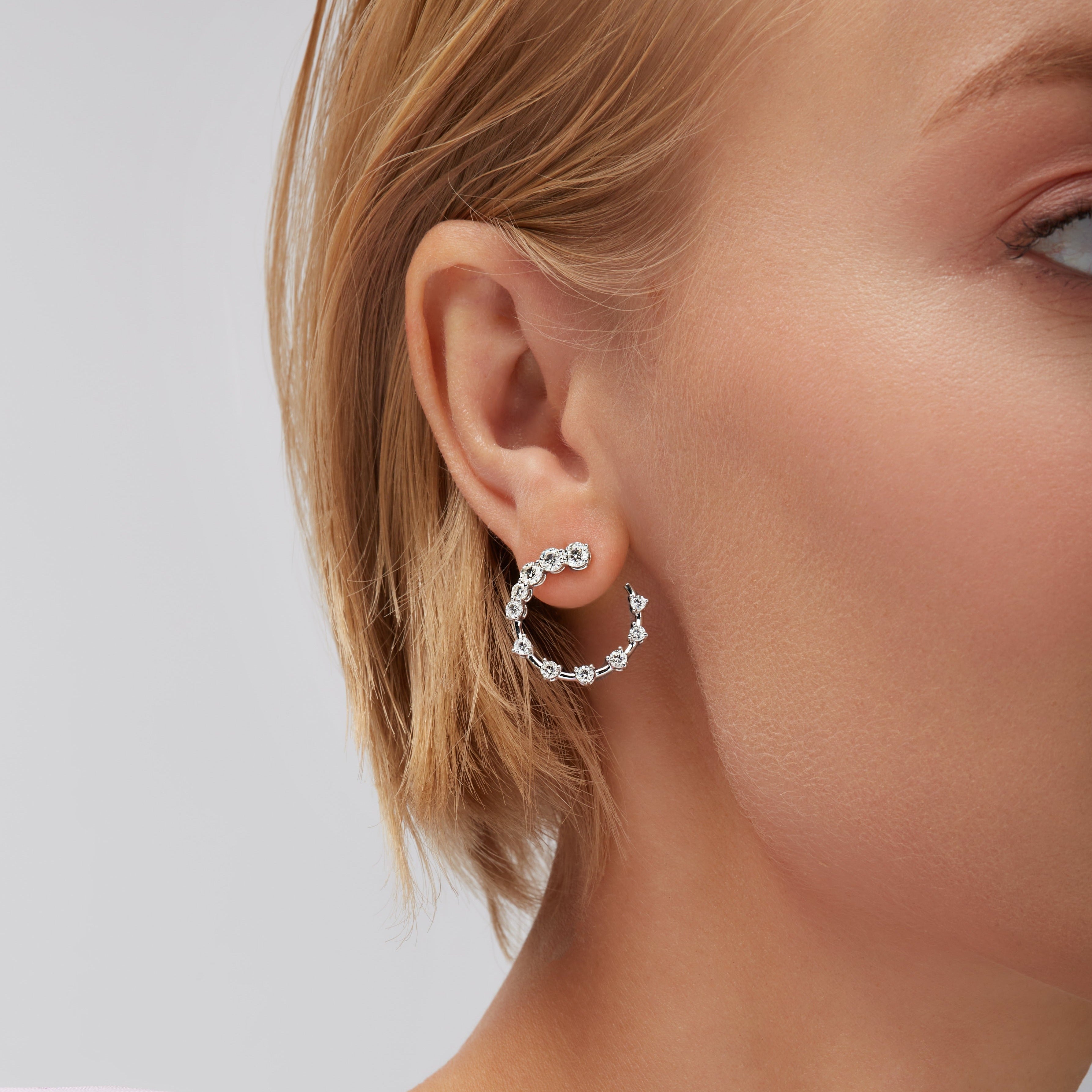 Round Brilliant Cut Diamond Open Hoop Swirl Earrings in 18K White Gold