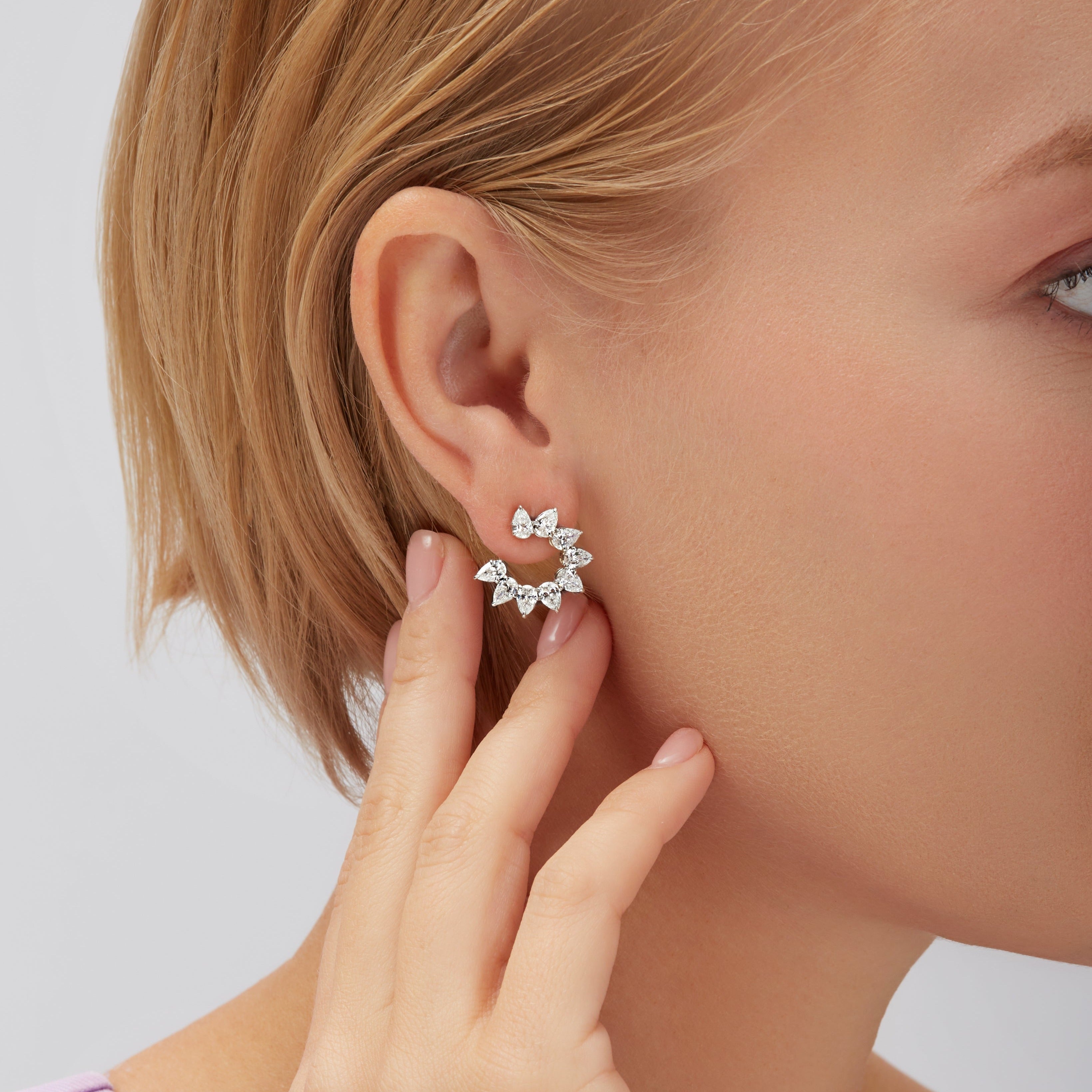 Pear Shape Diamond Swirl Open Hoop Earrings in 18K White Gold