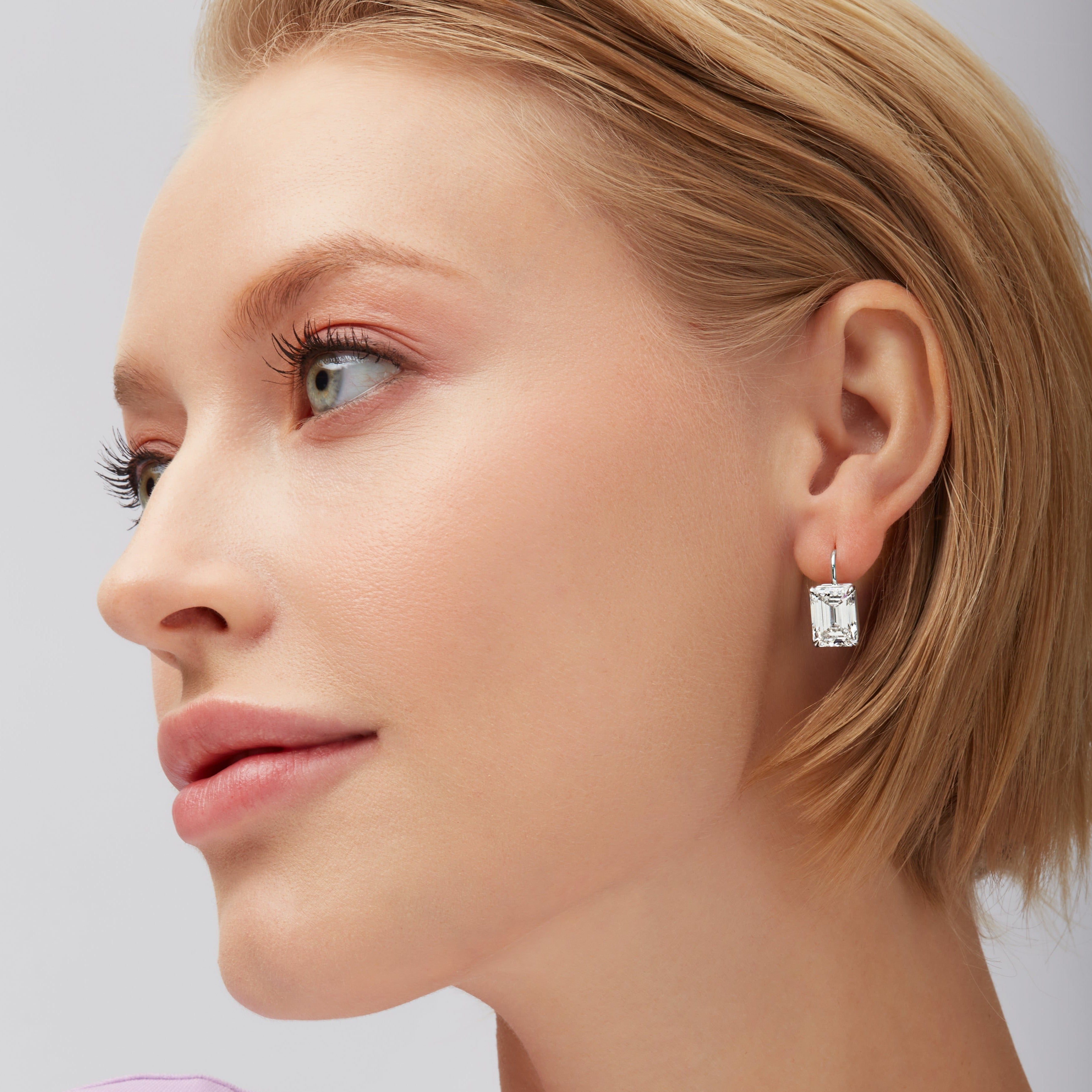 Emerald Cut Diamond Leverback Earrings in 18K White Gold, GIA Certified