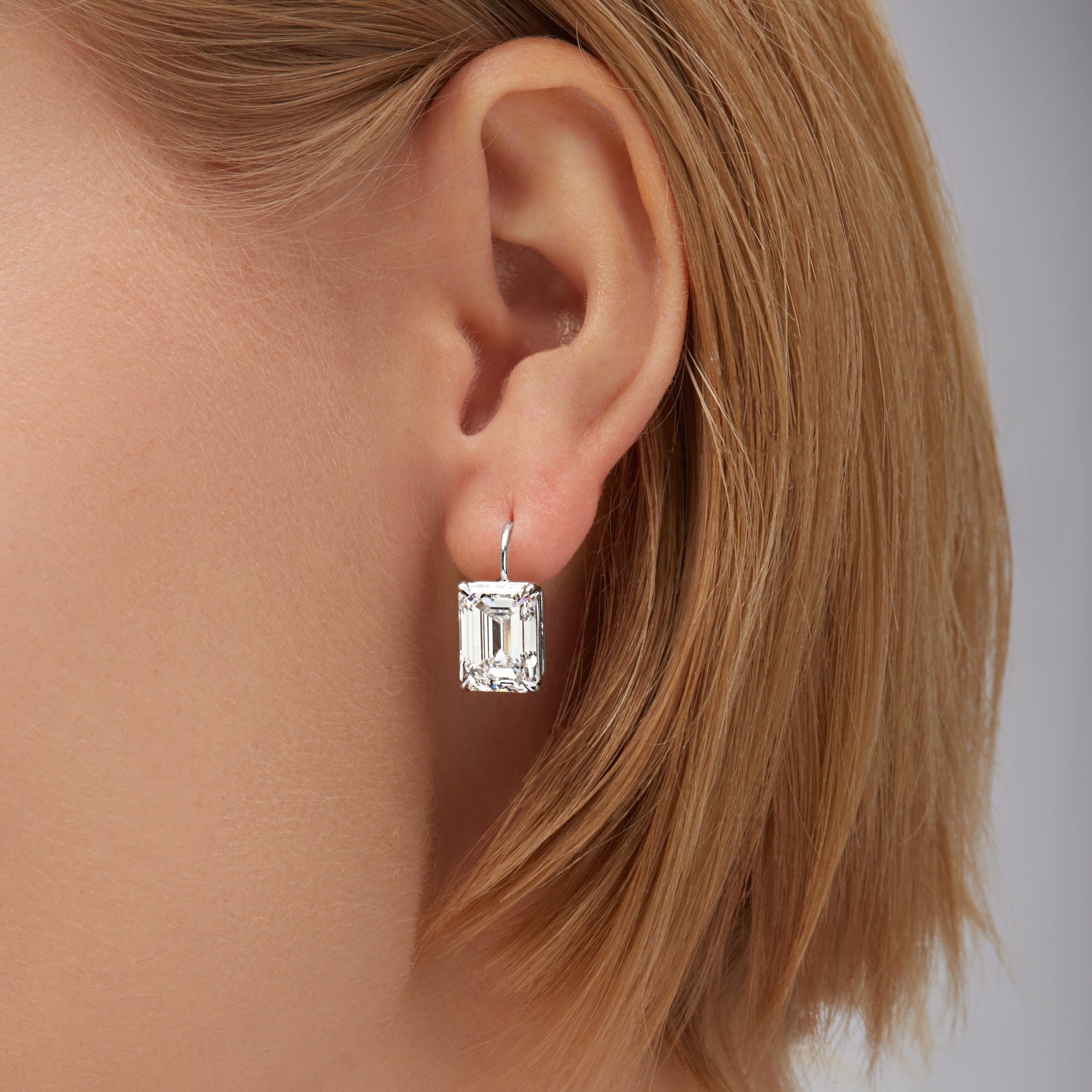 Emerald Cut Diamond Leverback Earrings in 18K White Gold, GIA Certified