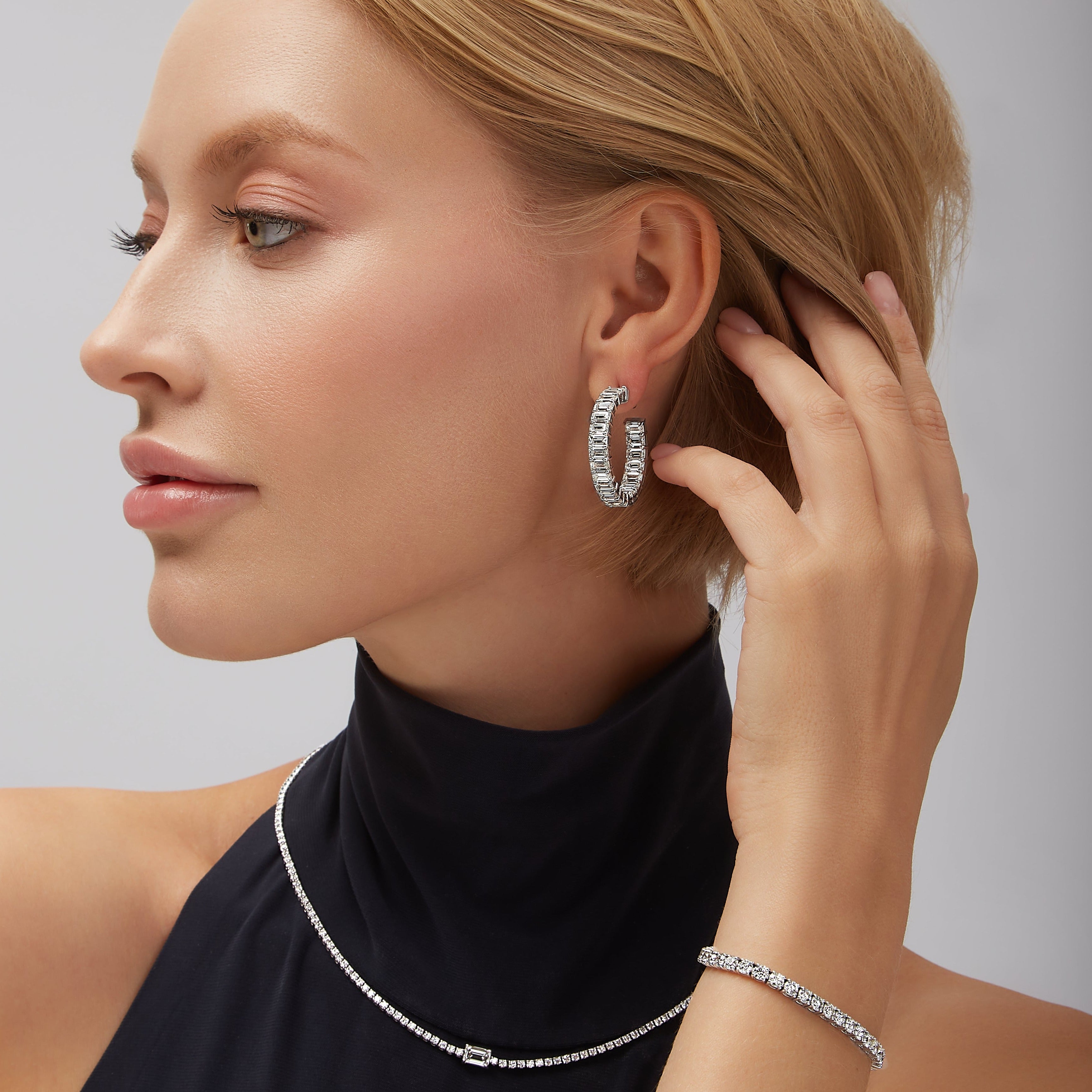 Emerald Cut Diamond Hoop Earrings in 18K White Gold