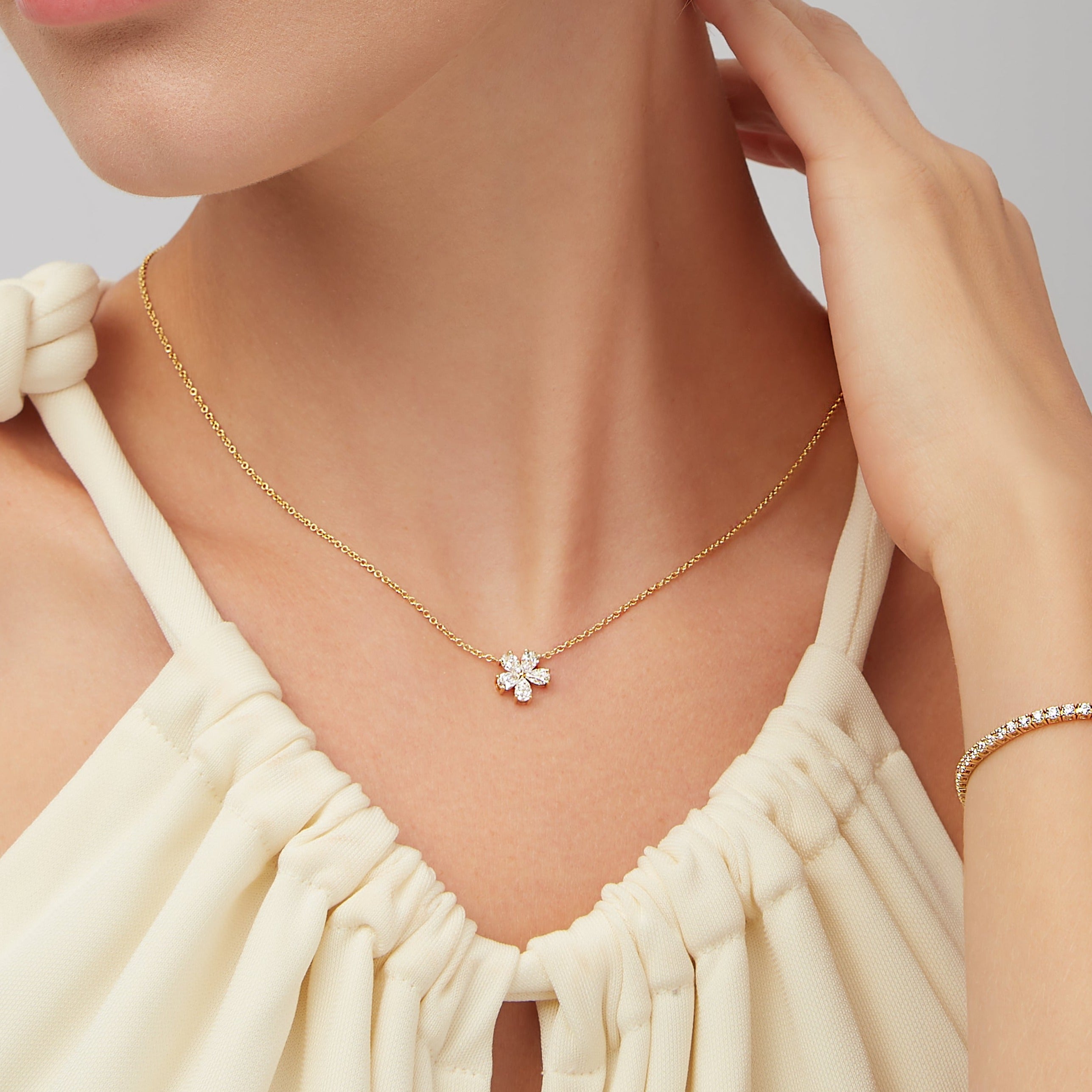 5 Petal Flower Pear Shape Diamond Pendant Necklace in 18K Yellow Gold