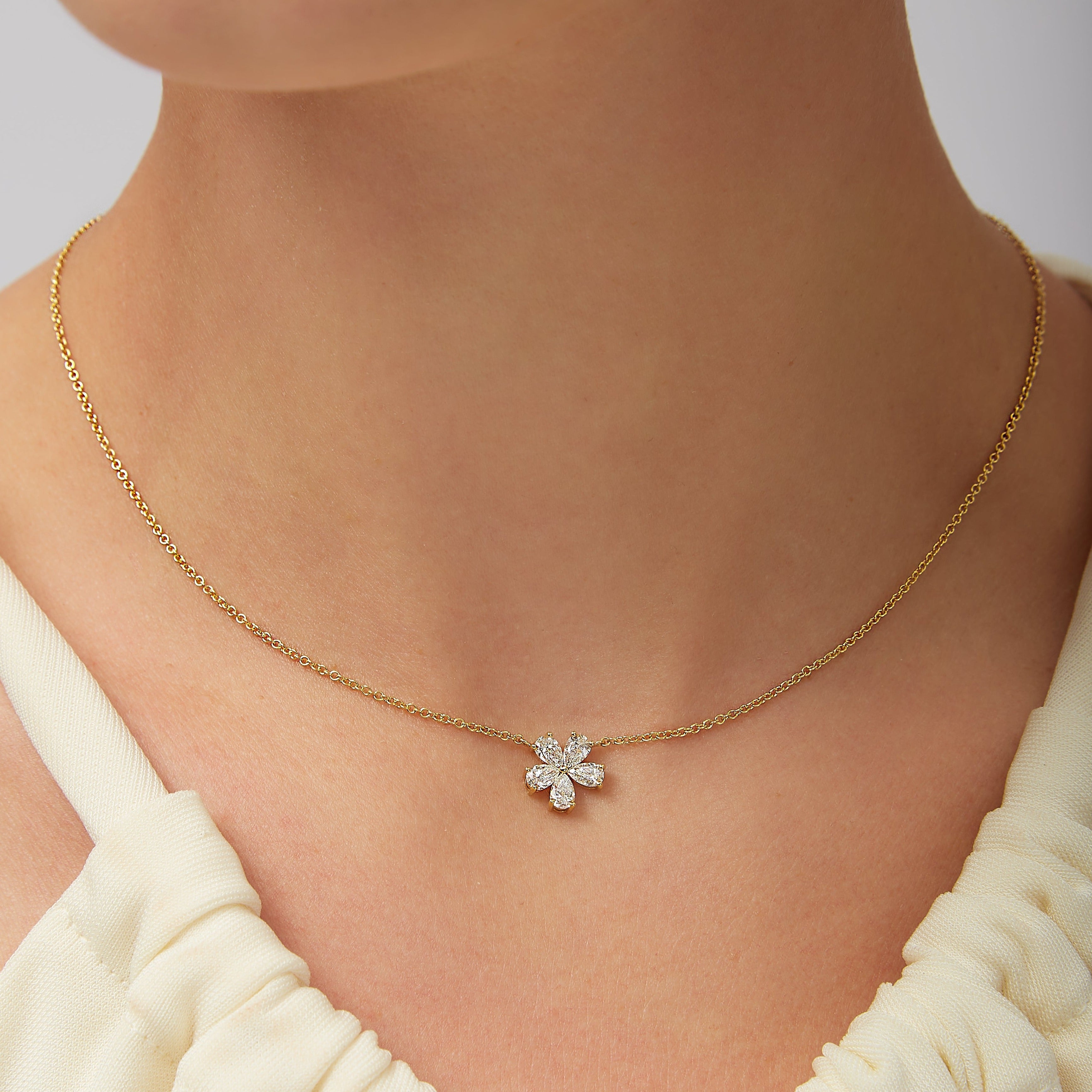 5 Petal Flower Pear Shape Diamond Pendant Necklace in 18K Yellow Gold