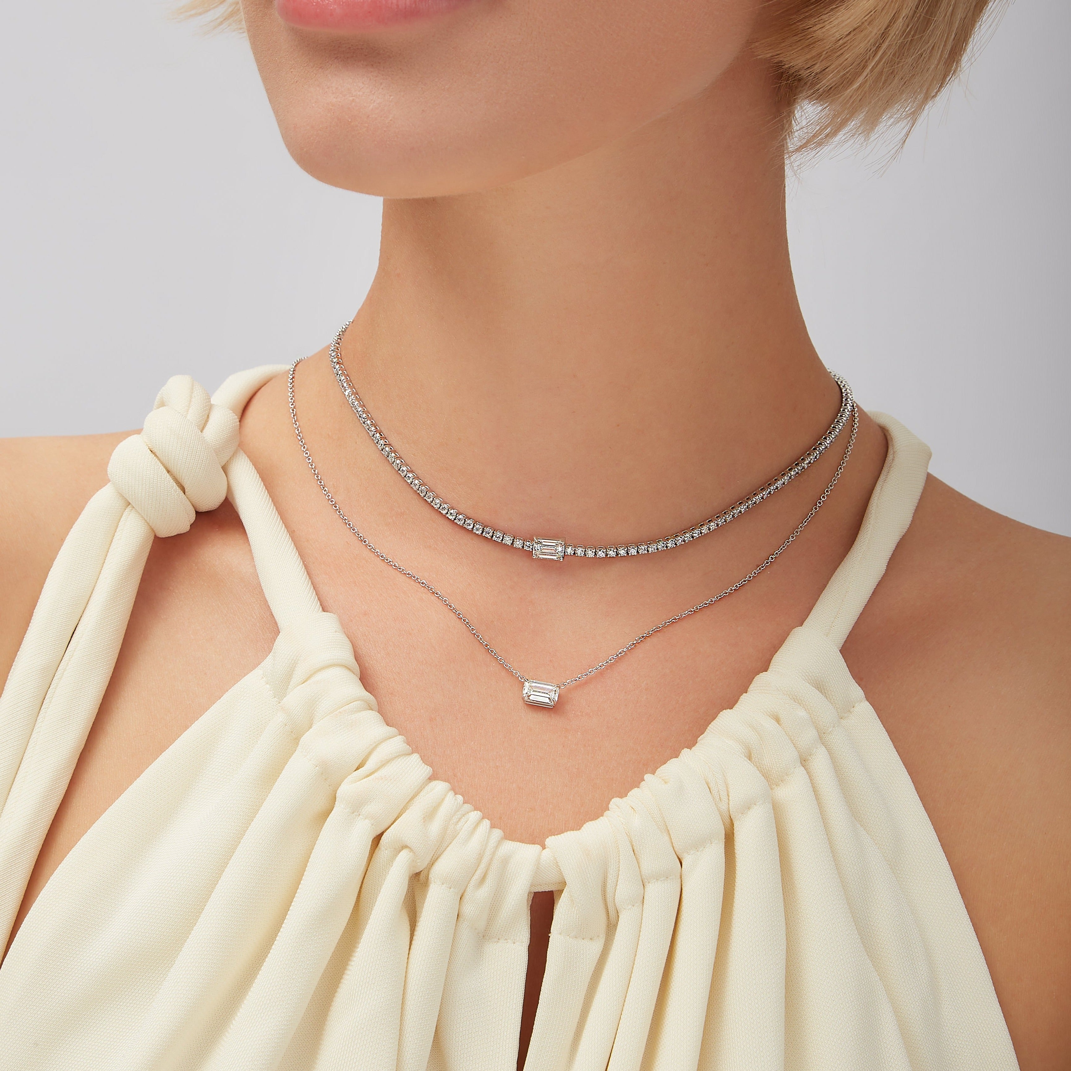 4.97ct. Emerald Cut Center Stone Diamond Tennis Necklace in 18k White Gold