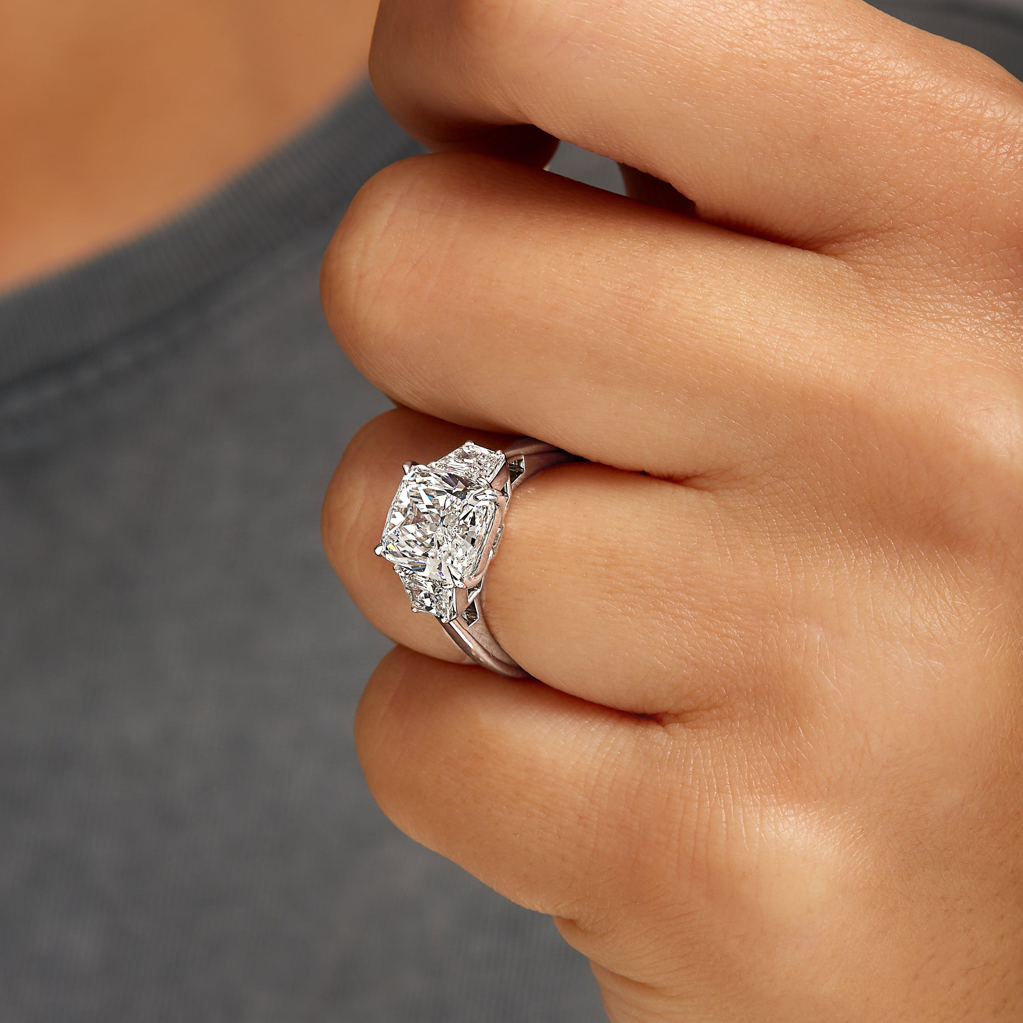 4.05ct Cushion Cut Diamond Three Stone Ring with Trapezoid Side Stones in Platinum Band, GIA Certified