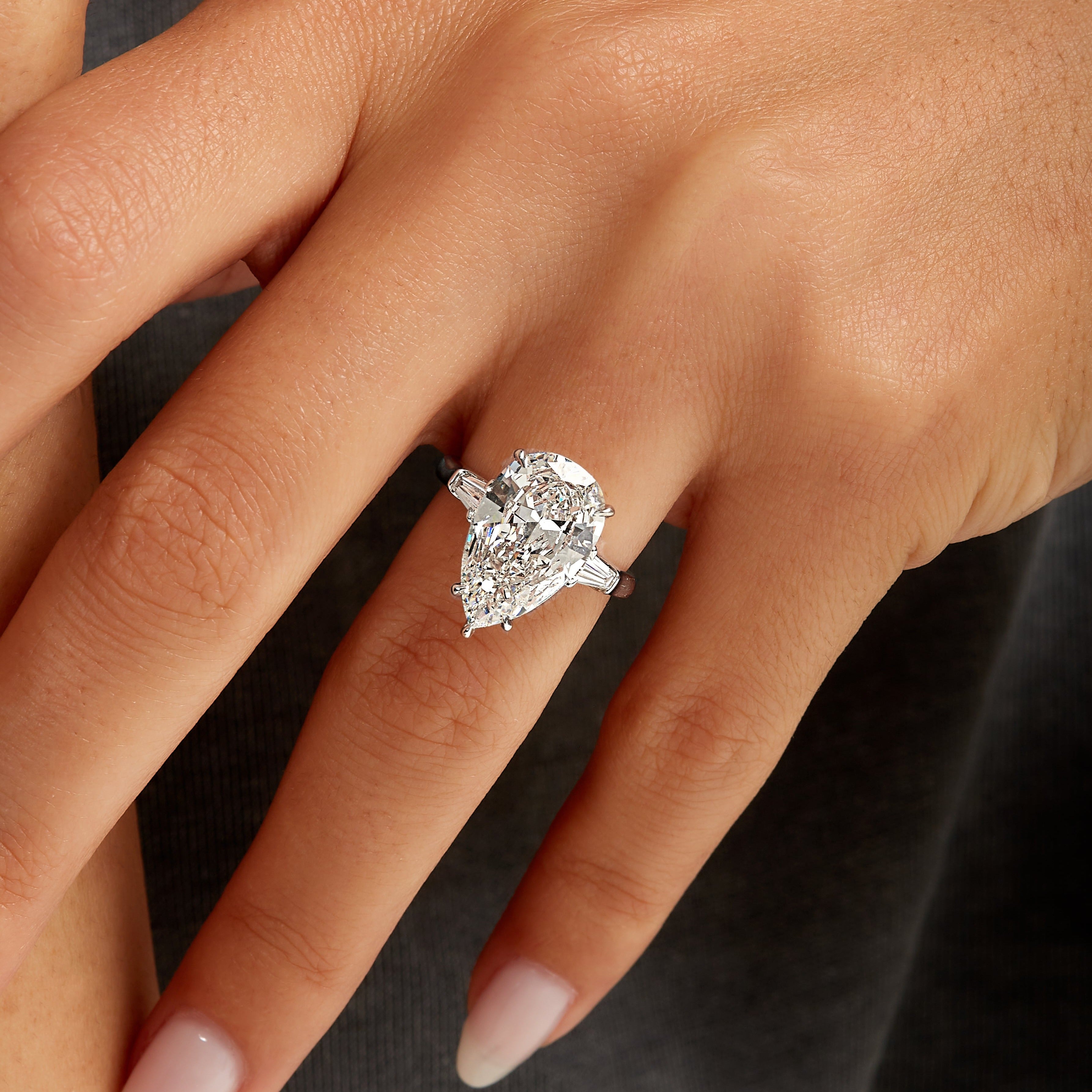 4.94ct Pear Cut Diamond with Tapered Baguette Side Stones in Platinum Band, GIA Certified