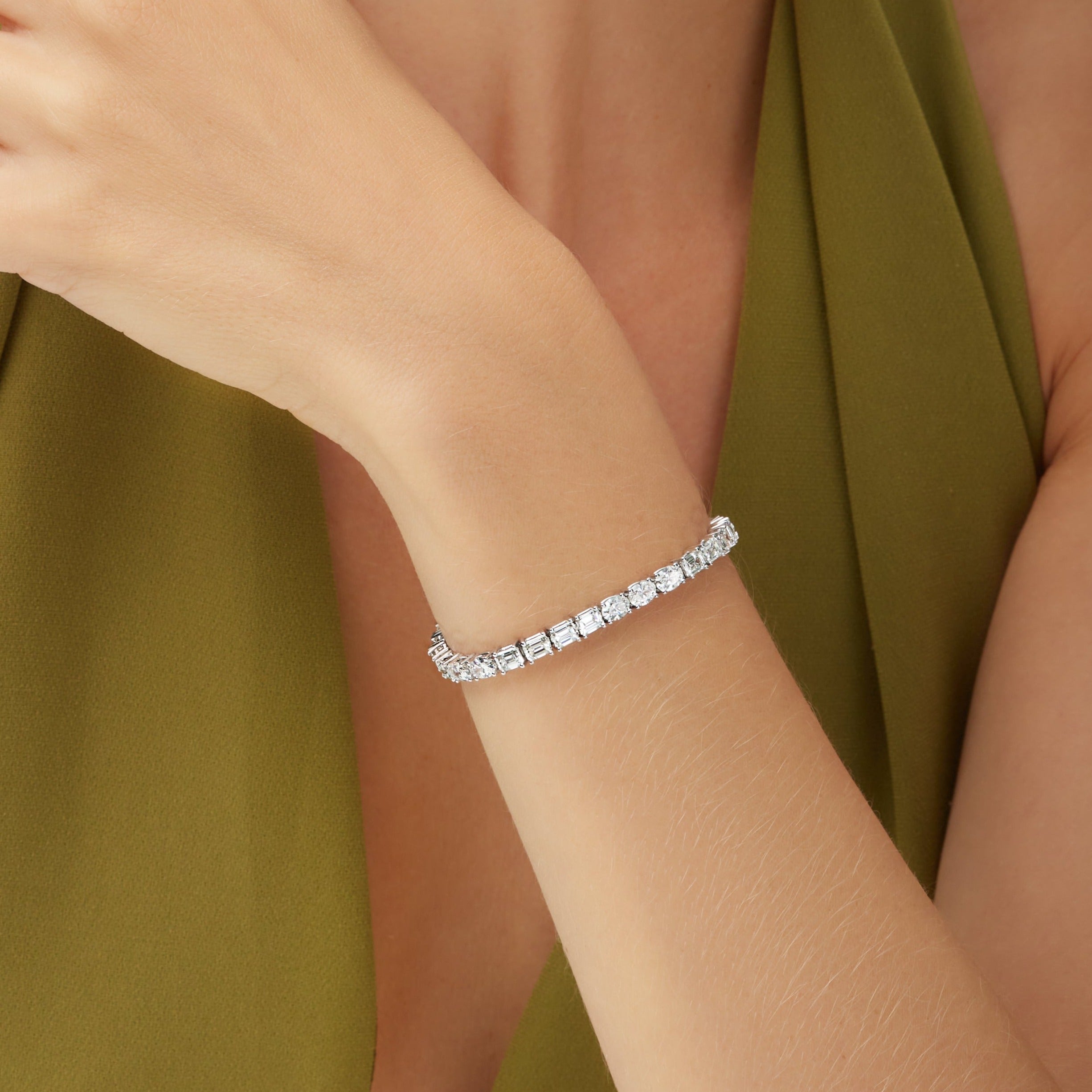 9.61ctw East-West Emerald Cut and Oval Cut Diamond Tennis Bracelet in 18K White Gold