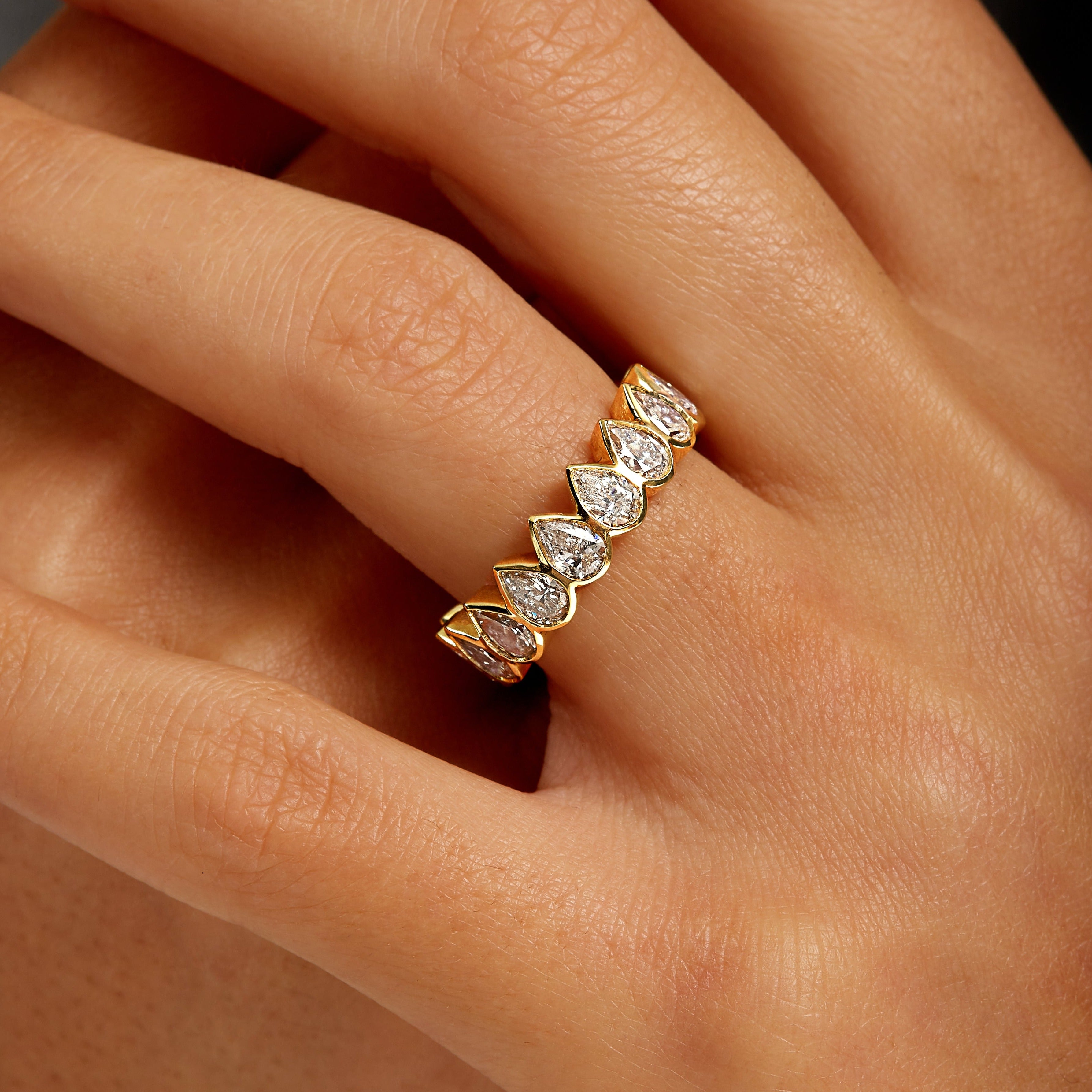 4.16ct Pear Cut Diamond 18K Yellow Gold Bezel Set Eternity Band